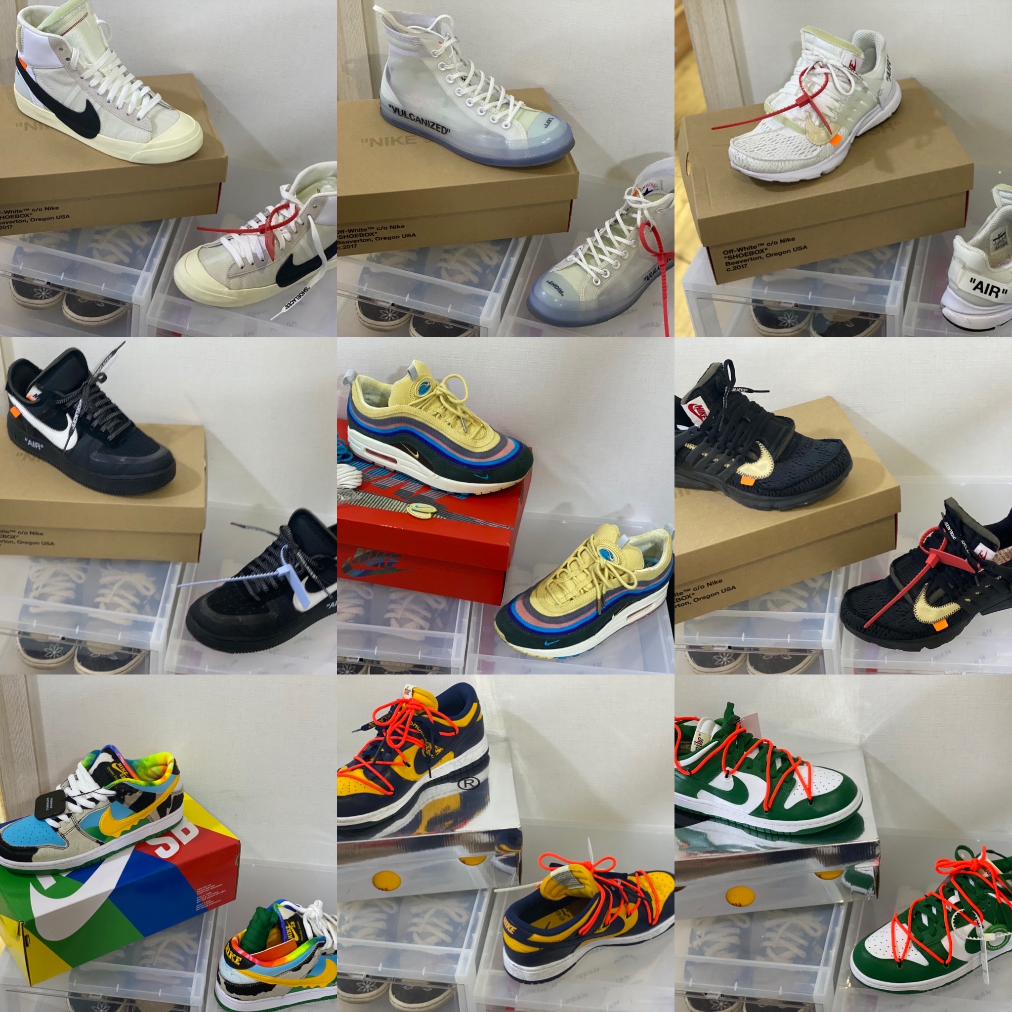 Nike x Off-White Dunk Low Pine Green, Nike x Off-White Dunk Low University Gold Midnight Navy 착용 스타일