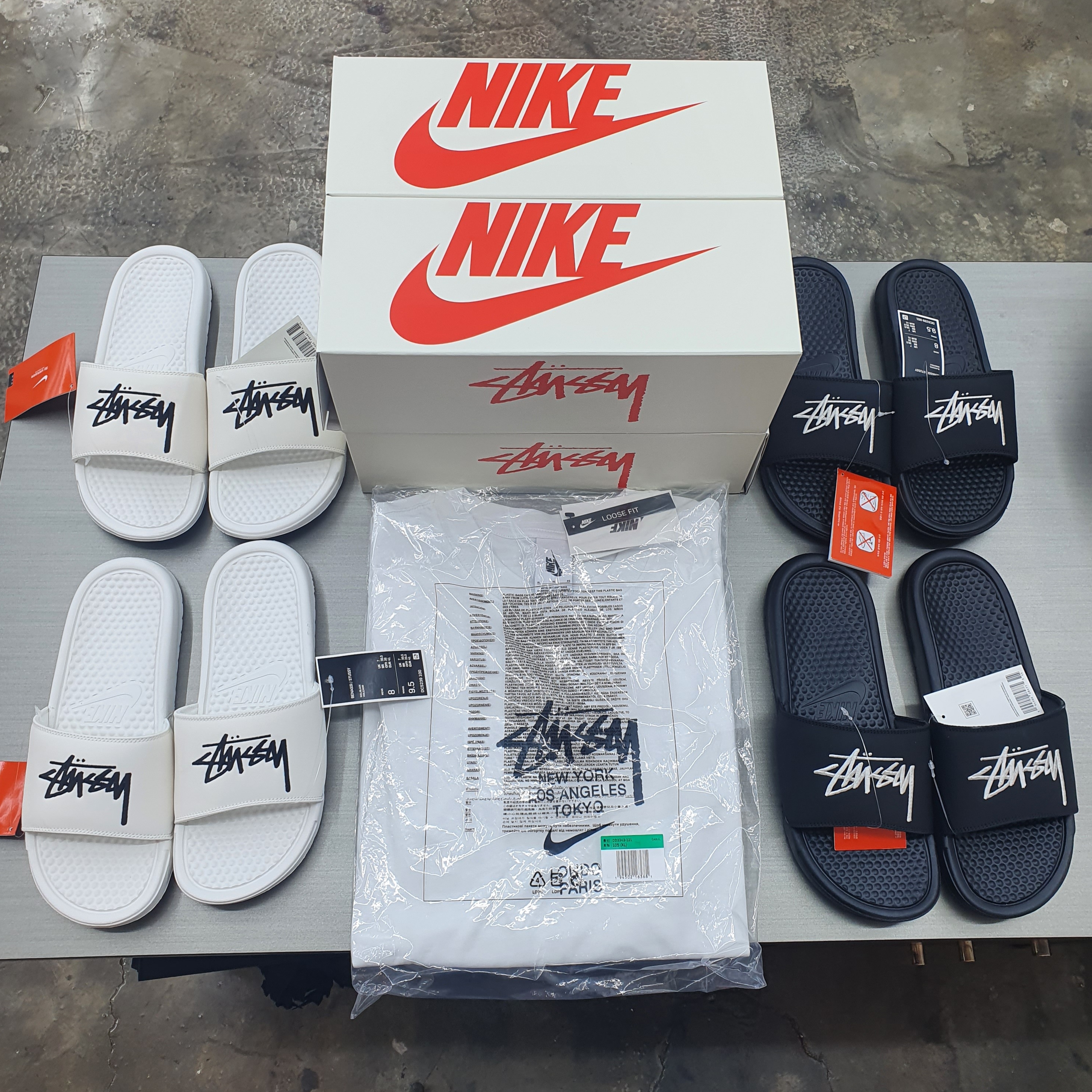 Nike x Stussy Benassi Slide Black, Nike x Stussy Benassi Slide Sail 착용 스타일