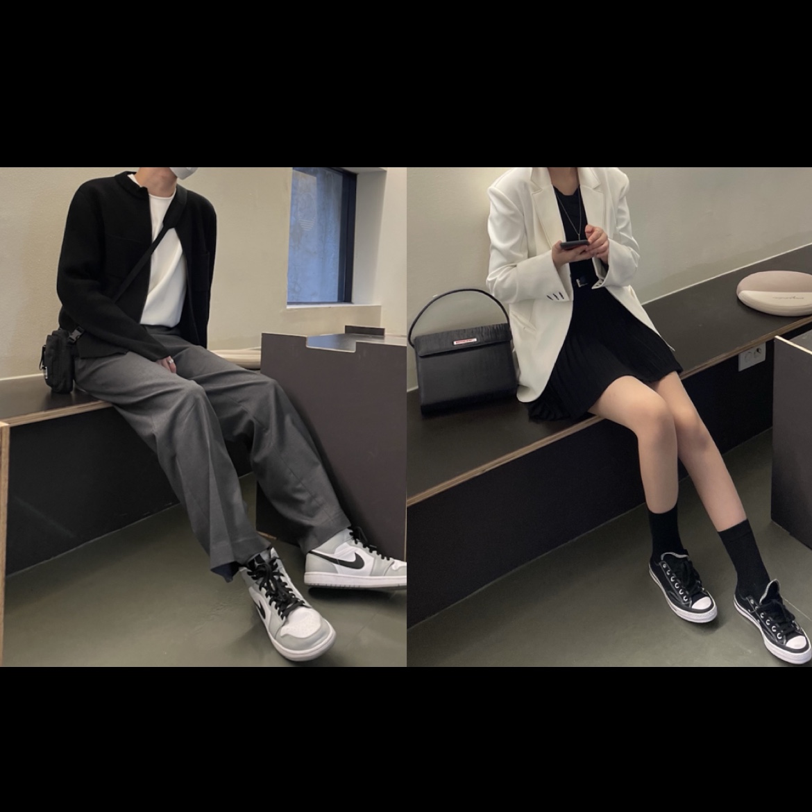 Jordan 1 Mid Light Smoke Grey, Converse x Moncler x Fragment Chuck 70 Ox Black 착용 스타일