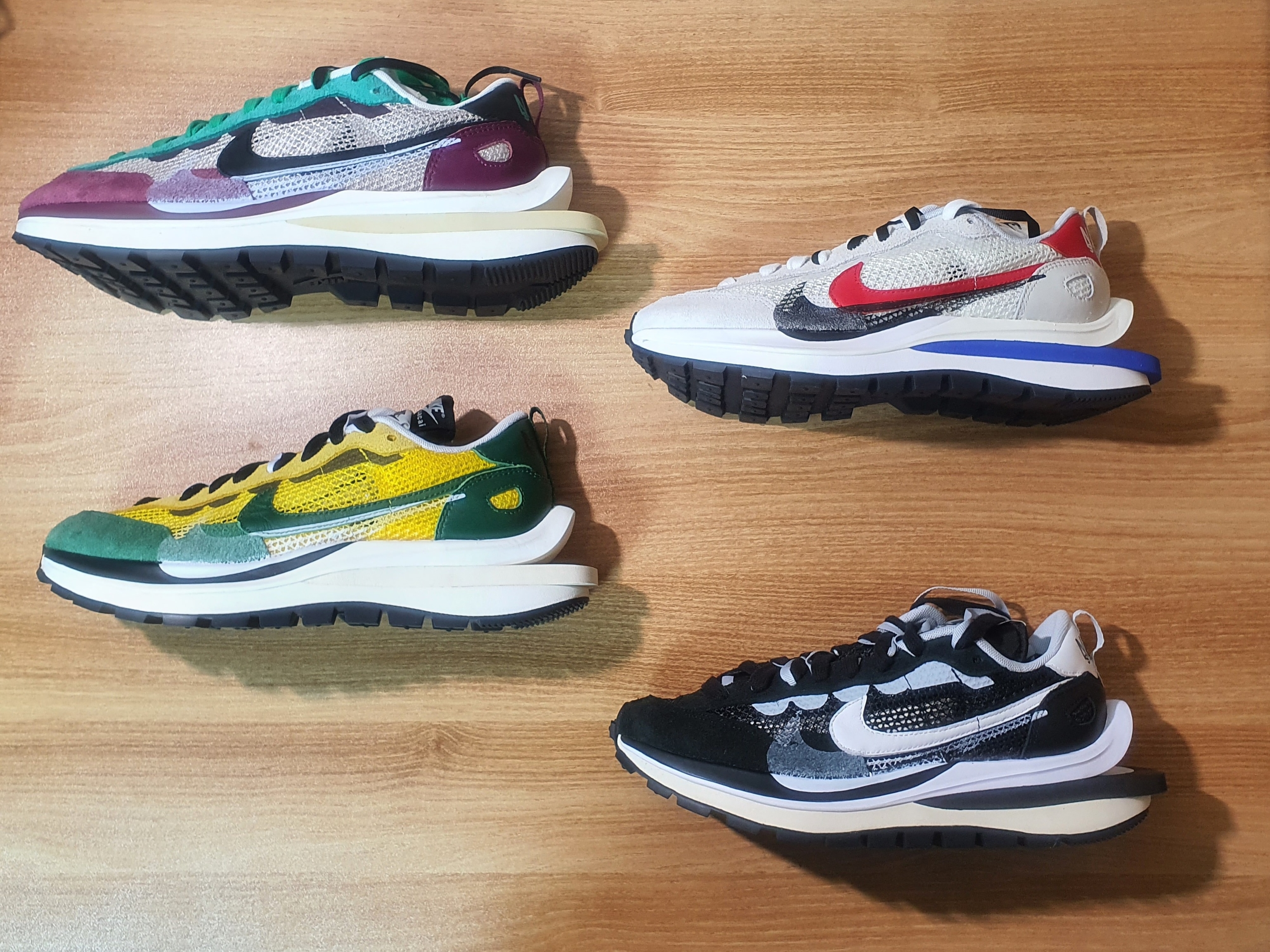 Nike x Sacai VaporWaffle Tour Yellow & Gorge Green Sail, Nike x Sacai VaporWaffle String & Black Villain Red 착용 스타일