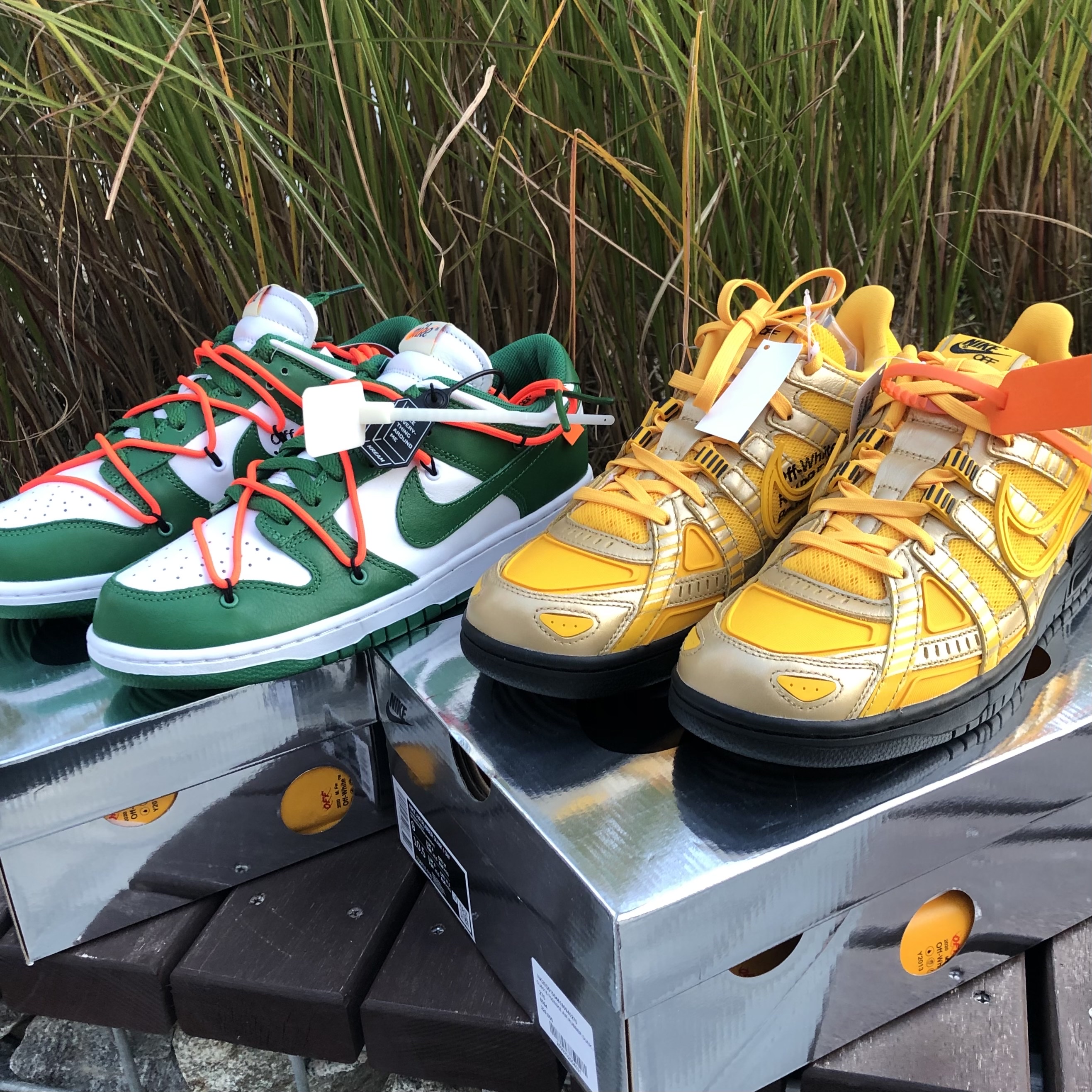 Nike x Off-White Air Rubber Dunk University Gold, Nike x Off-White Dunk Low Pine Green 착용 스타일