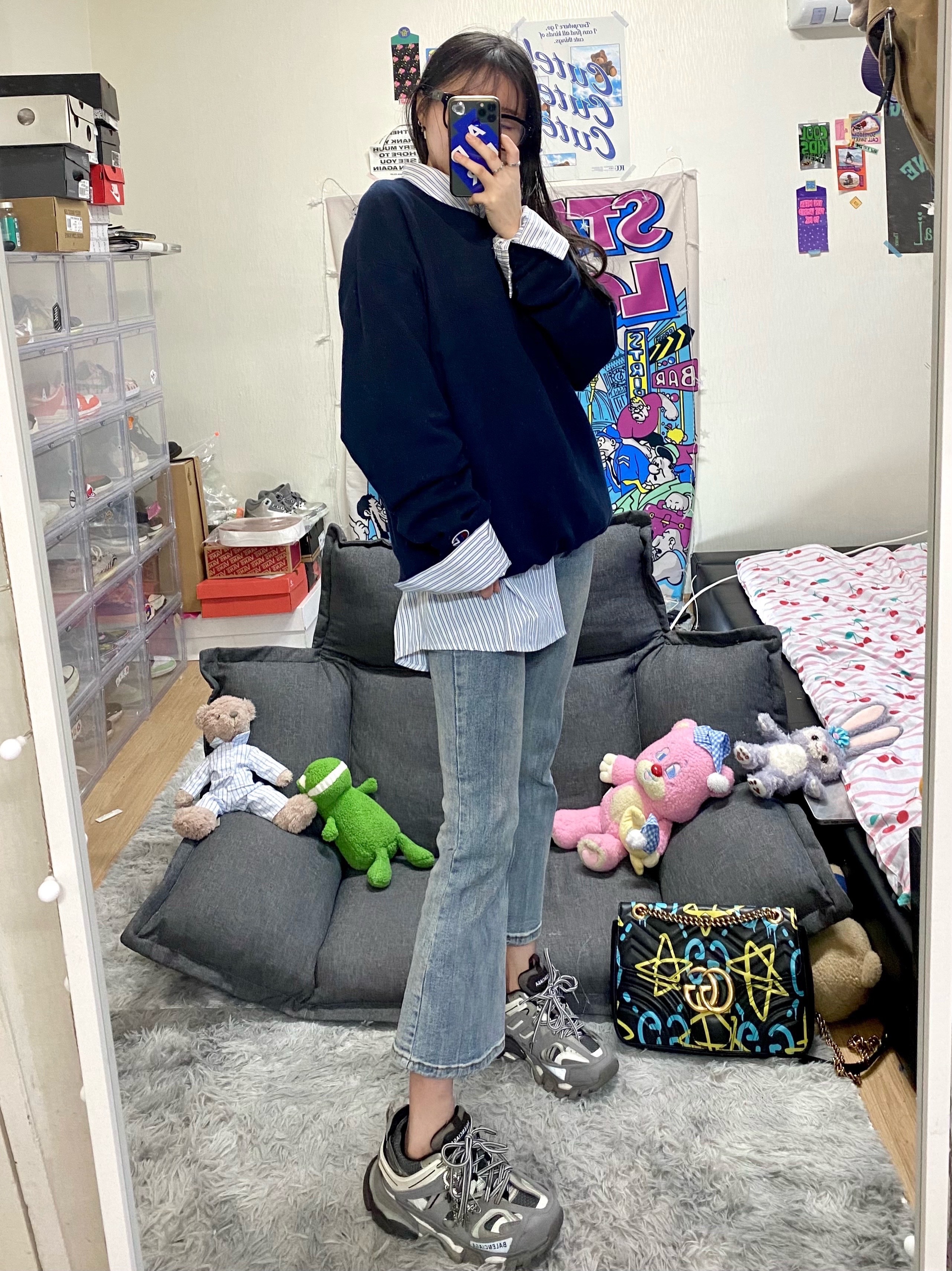 Balenciaga Track Sneakers Grey White 2019, Nike x Off-White Air Rubber Dunk University Blue 착용 스타일 - 3