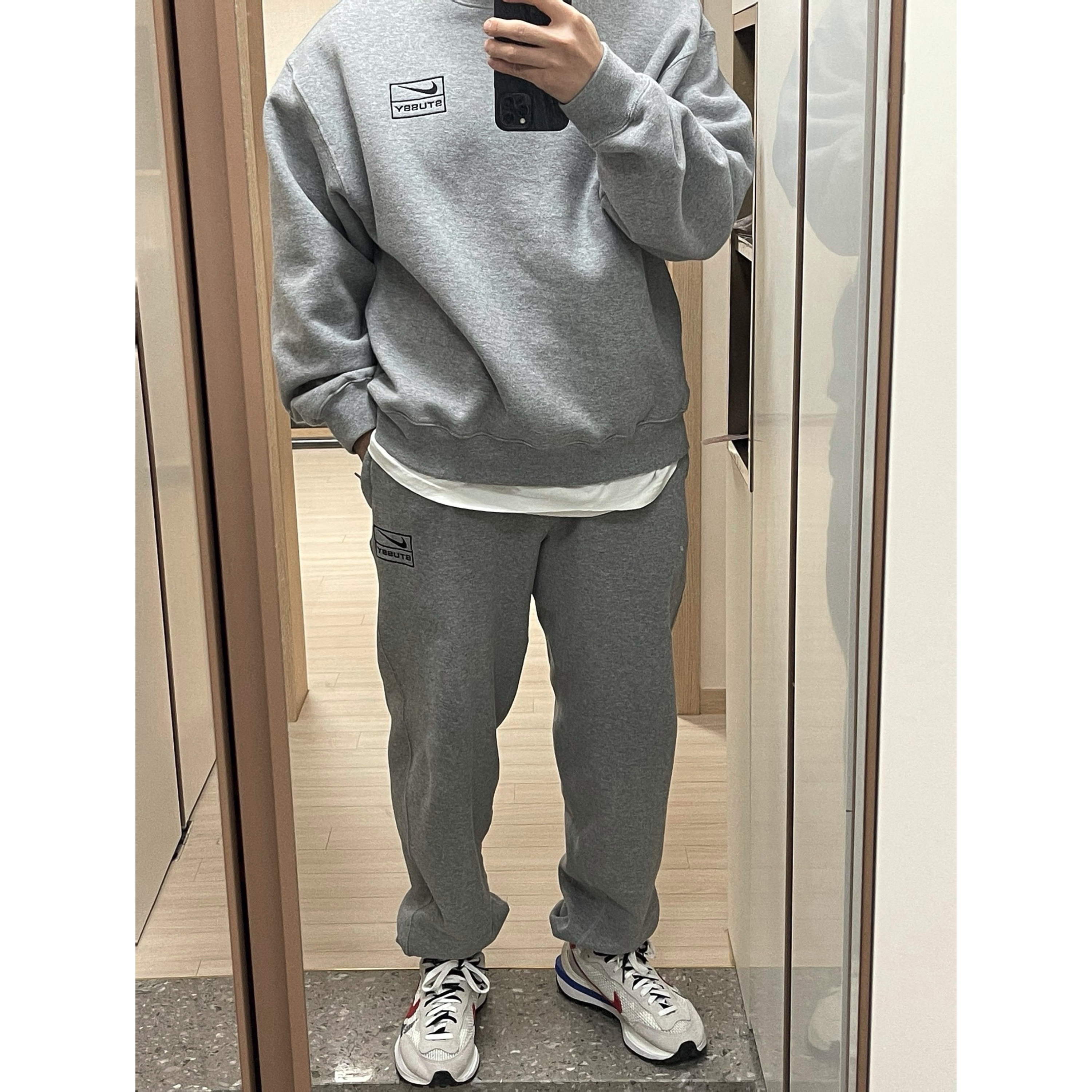 Nike x Stussy NRG BR Fleece Pants Grey, Nike x Stussy NRG BR Crew Fleece Grey 착용 스타일