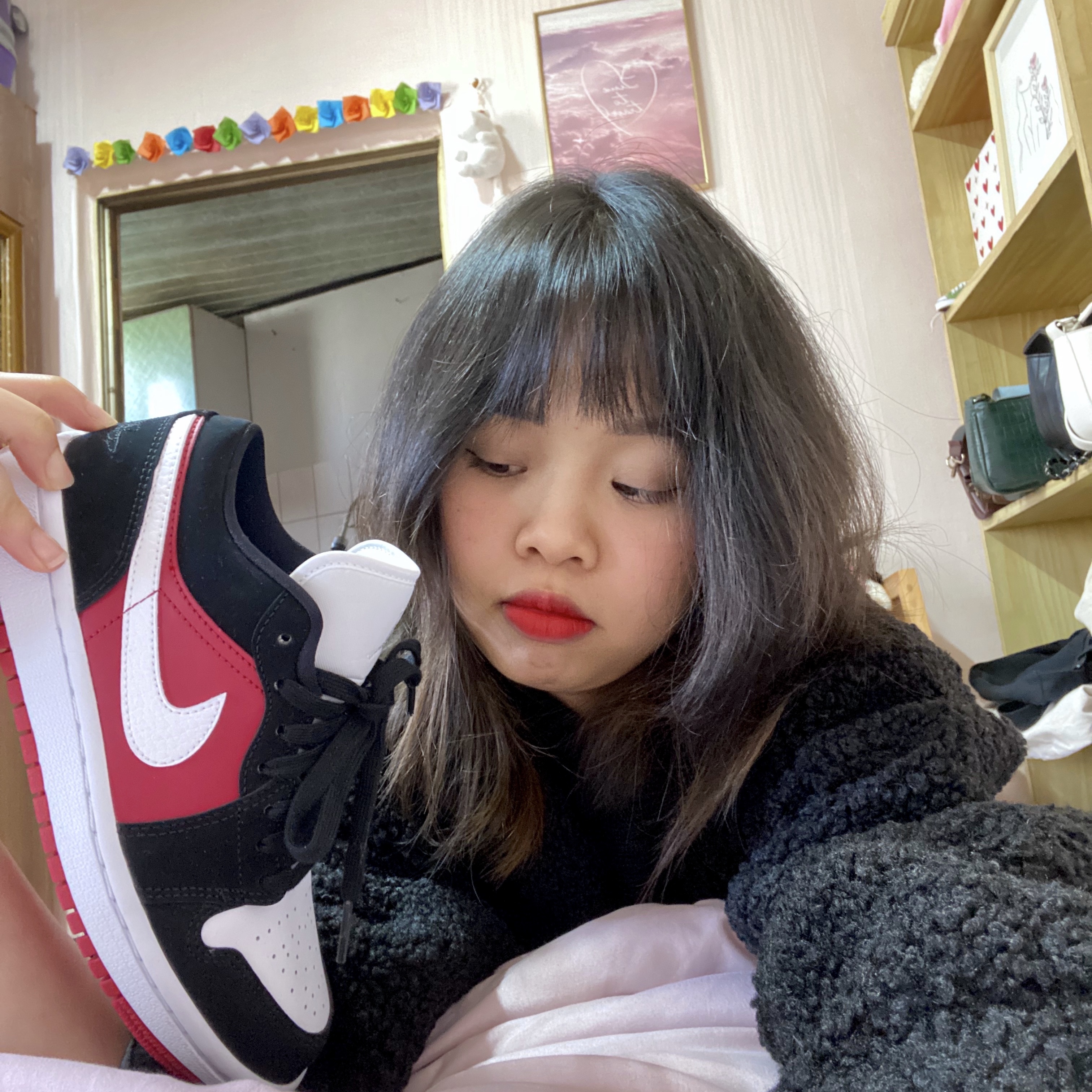 (W) Jordan 1 Low Gym Red Black White 착용 스타일