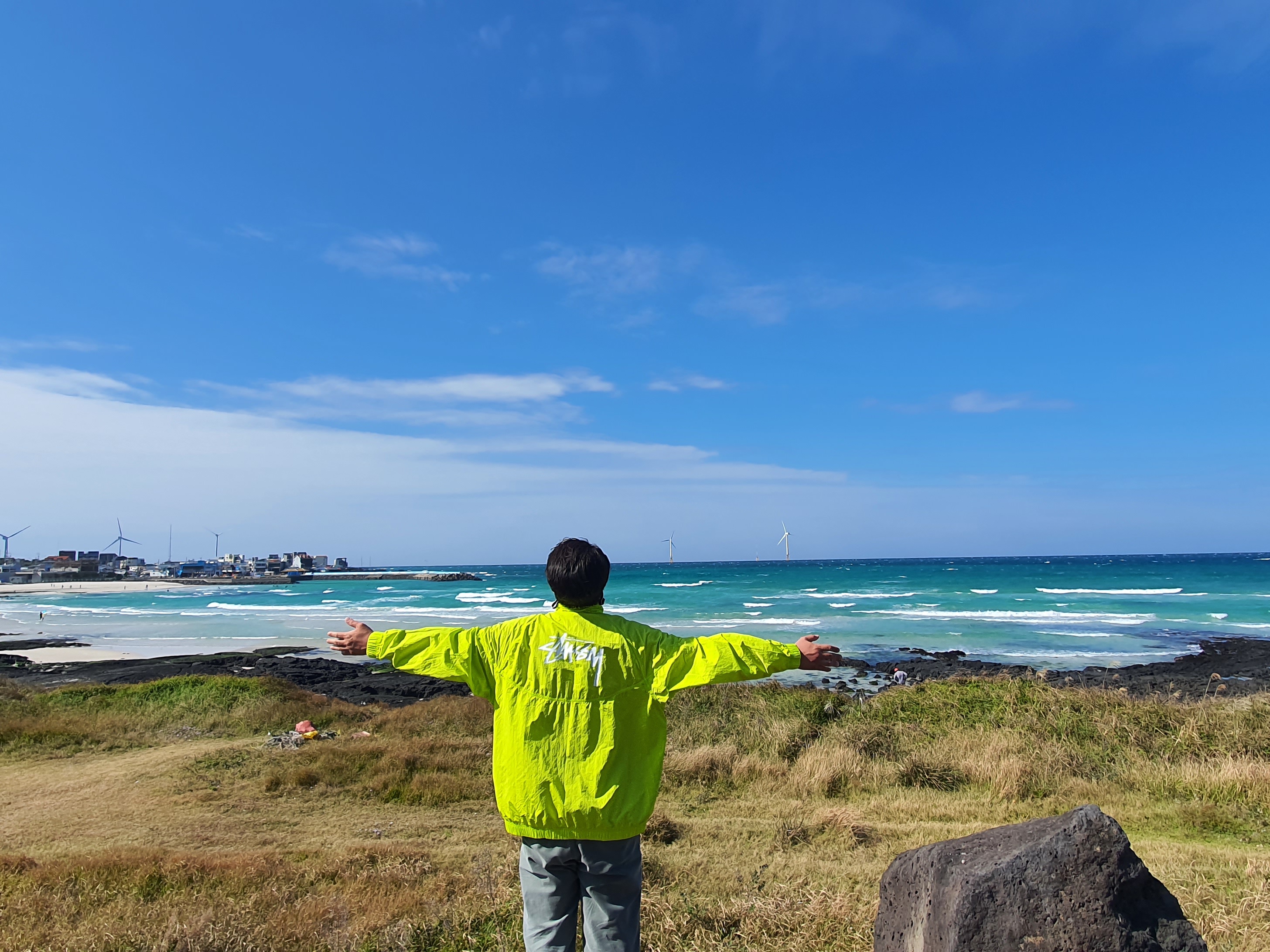 Nike x Stussy Windrunner Jacket Bright Cactus 착용 스타일