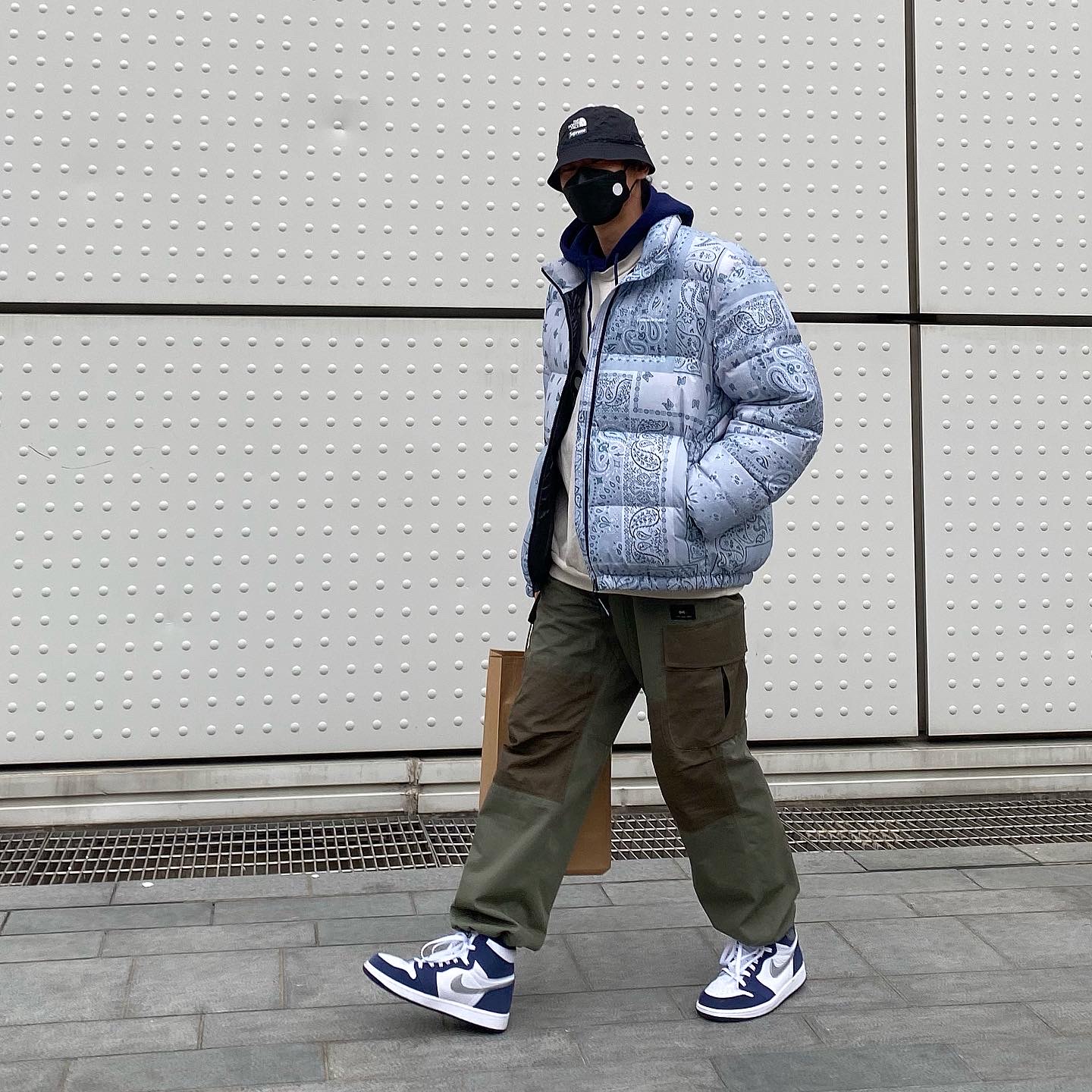 Jordan 1 Retro High OG CO.JP Midnight Navy, Supreme x The North Face Snakeskin Packable Reversible Crusher Black - 18SS 착용 스타일 - 1