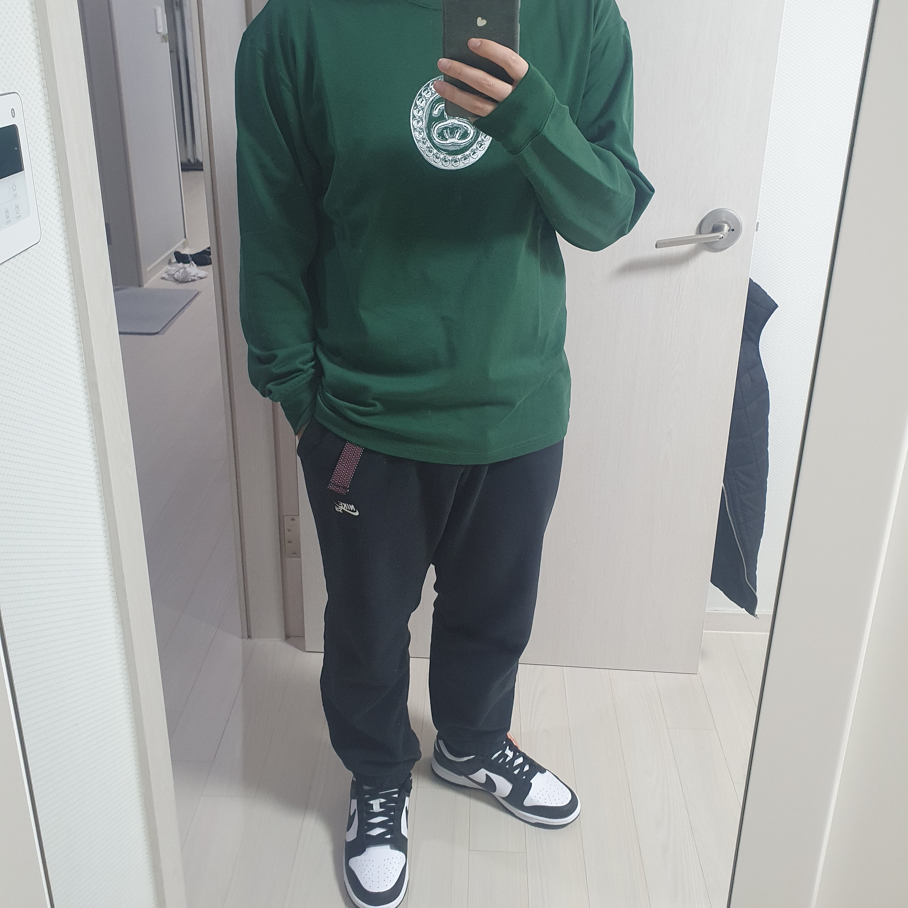 Nike Dunk Low Retro Black, Nike x Stussy Big Swoosh LS T-Shirt Green - Asia 착용 스타일