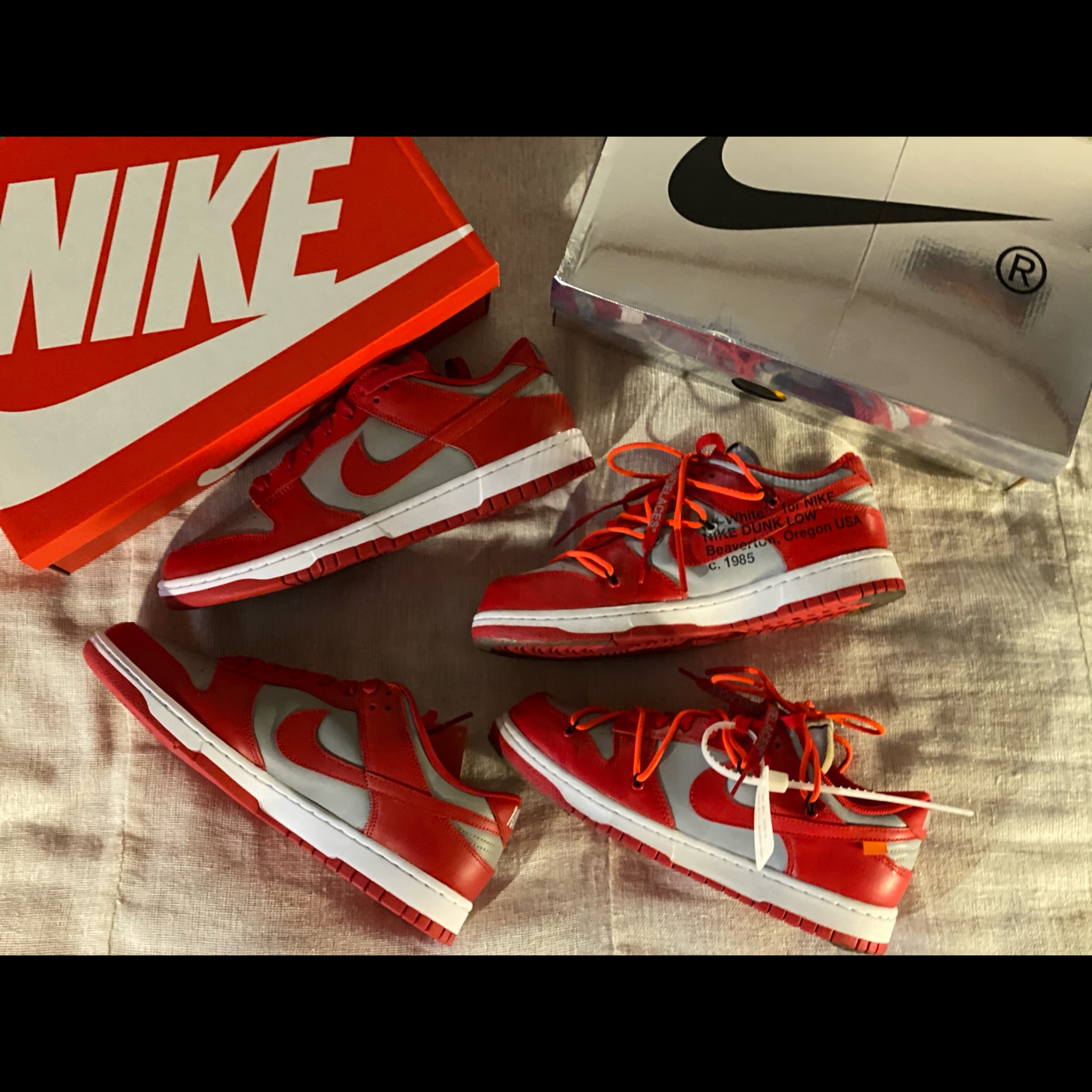Nike Dunk Low Retro Medium Grey, Nike x Off-White Dunk Low University Red 착용 스타일 - 2