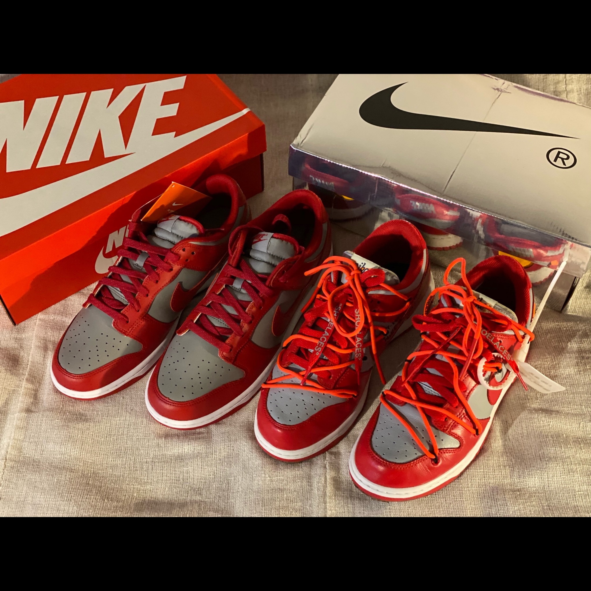 Nike Dunk Low Retro Medium Grey, Nike x Off-White Dunk Low University Red 착용 스타일 - 1