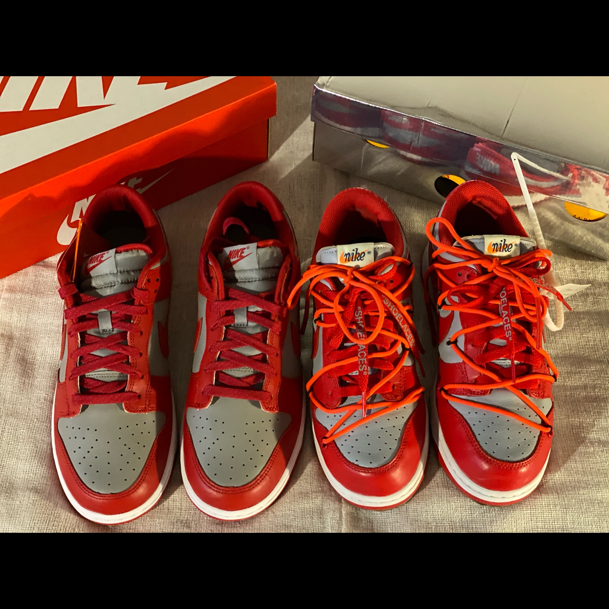 Nike Dunk Low Retro Medium Grey, Nike x Off-White Dunk Low University Red 착용 스타일 - 3