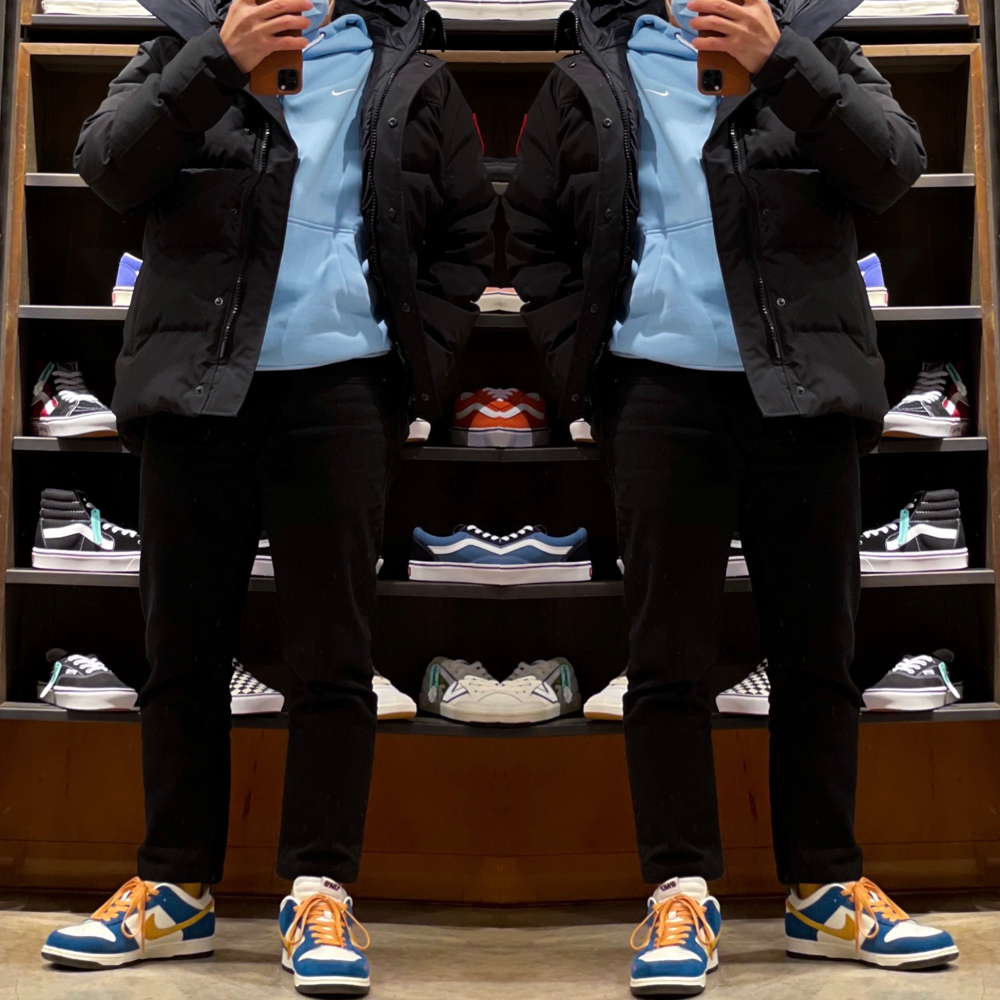 Nike x Kasina Dunk Low 80's Bus, Nike M NRG Hoodie Psychic Blue 착용 스타일