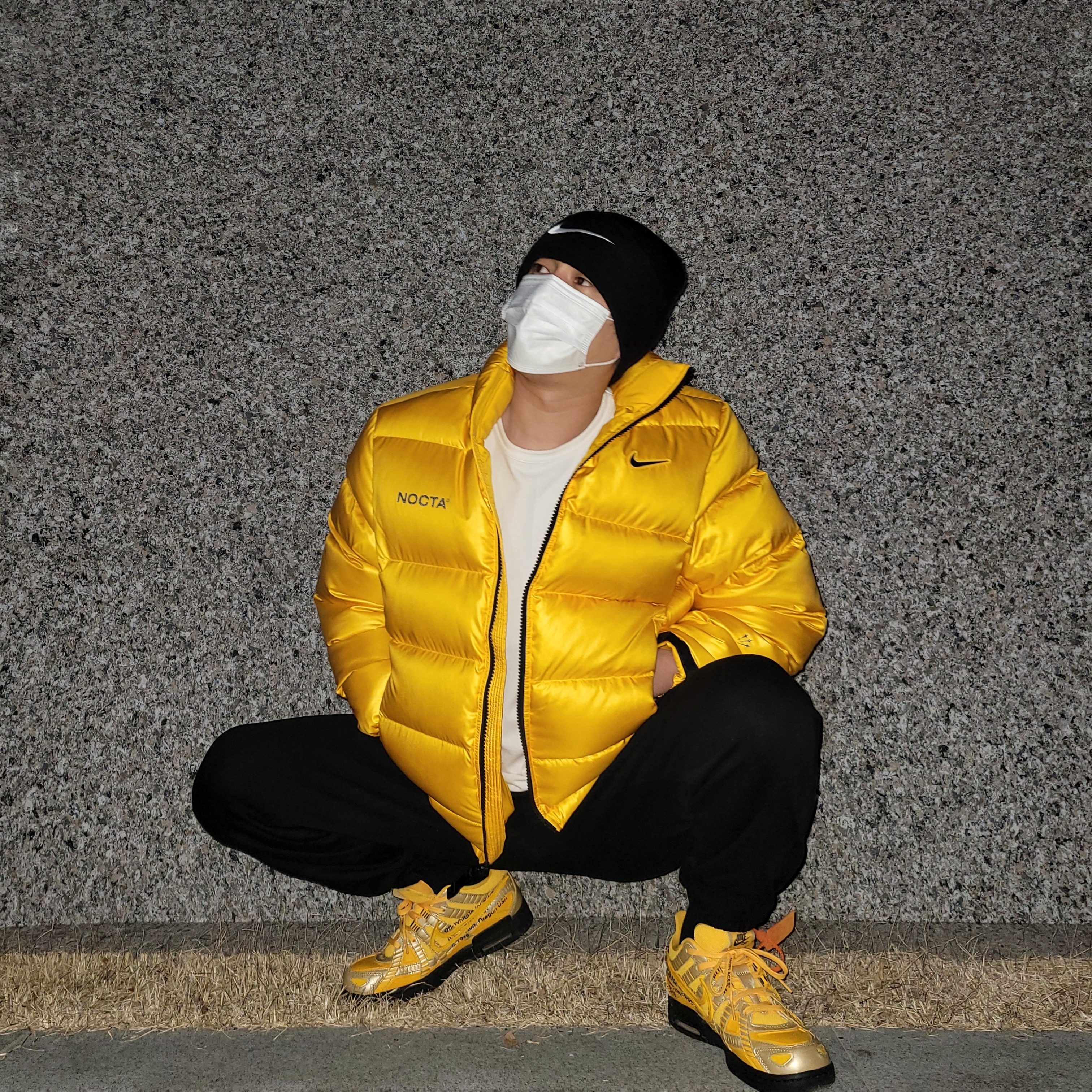 Nike x Drake Nocta Puffer Jacket University Gold - Asia, Nike x Off-White Air Rubber Dunk University Gold 착용 스타일 - 2