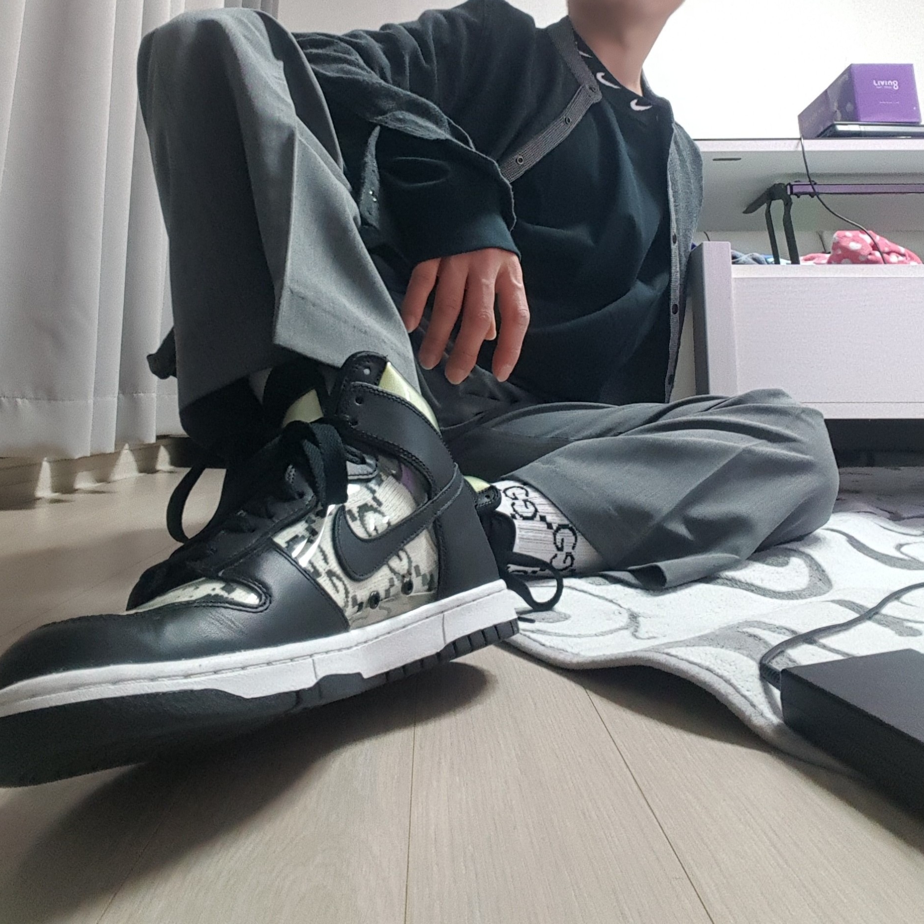 Nike x Comme des Garcons Homme Plus Dunk High Clear, Nike x Stussy NRG BR LS Knit Top 착용 스타일
