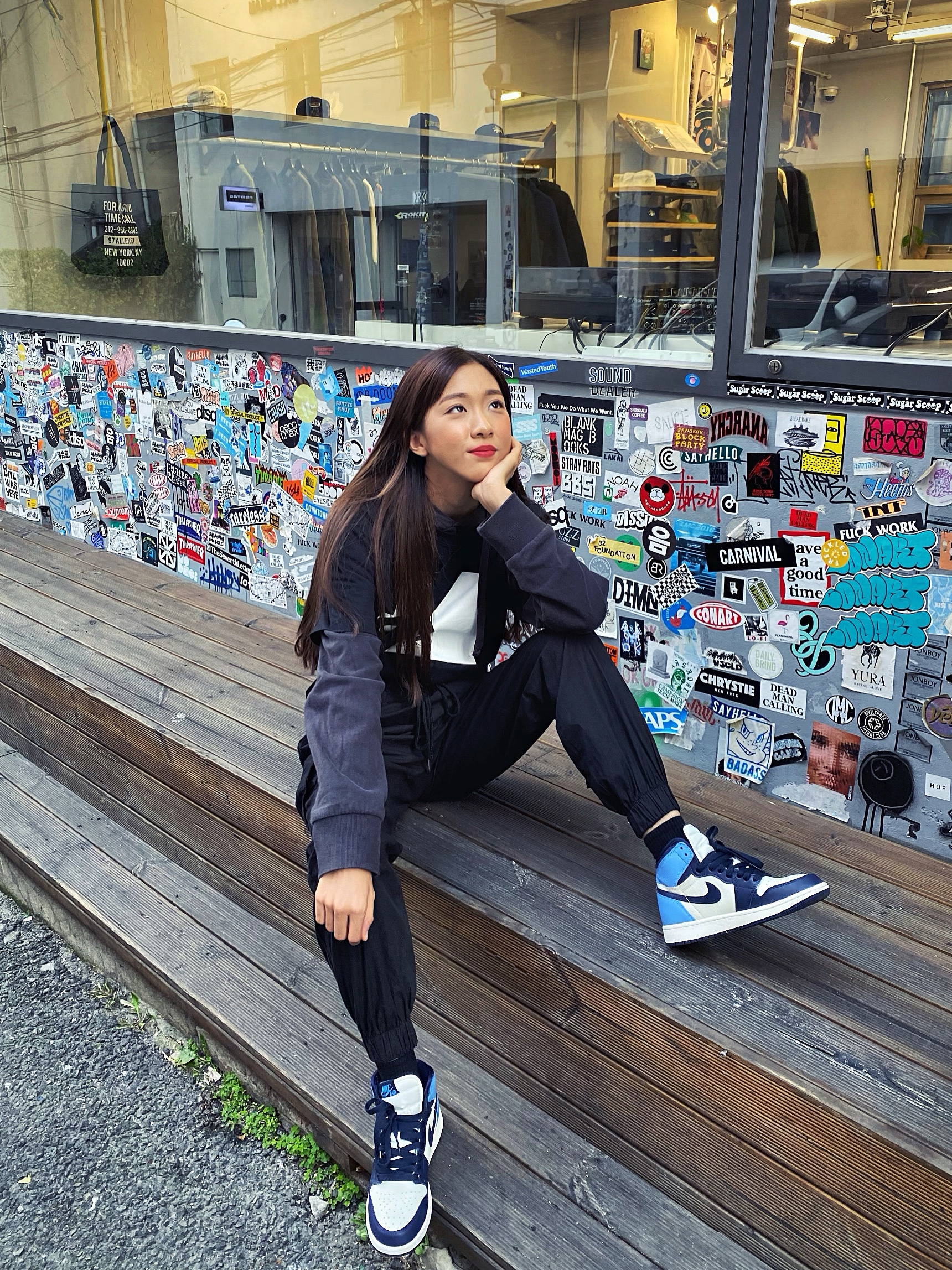 Jordan 1 Retro High Obsidian UNC, (GS) Jordan 1 Retro High Obsidian UNC 착용 스타일