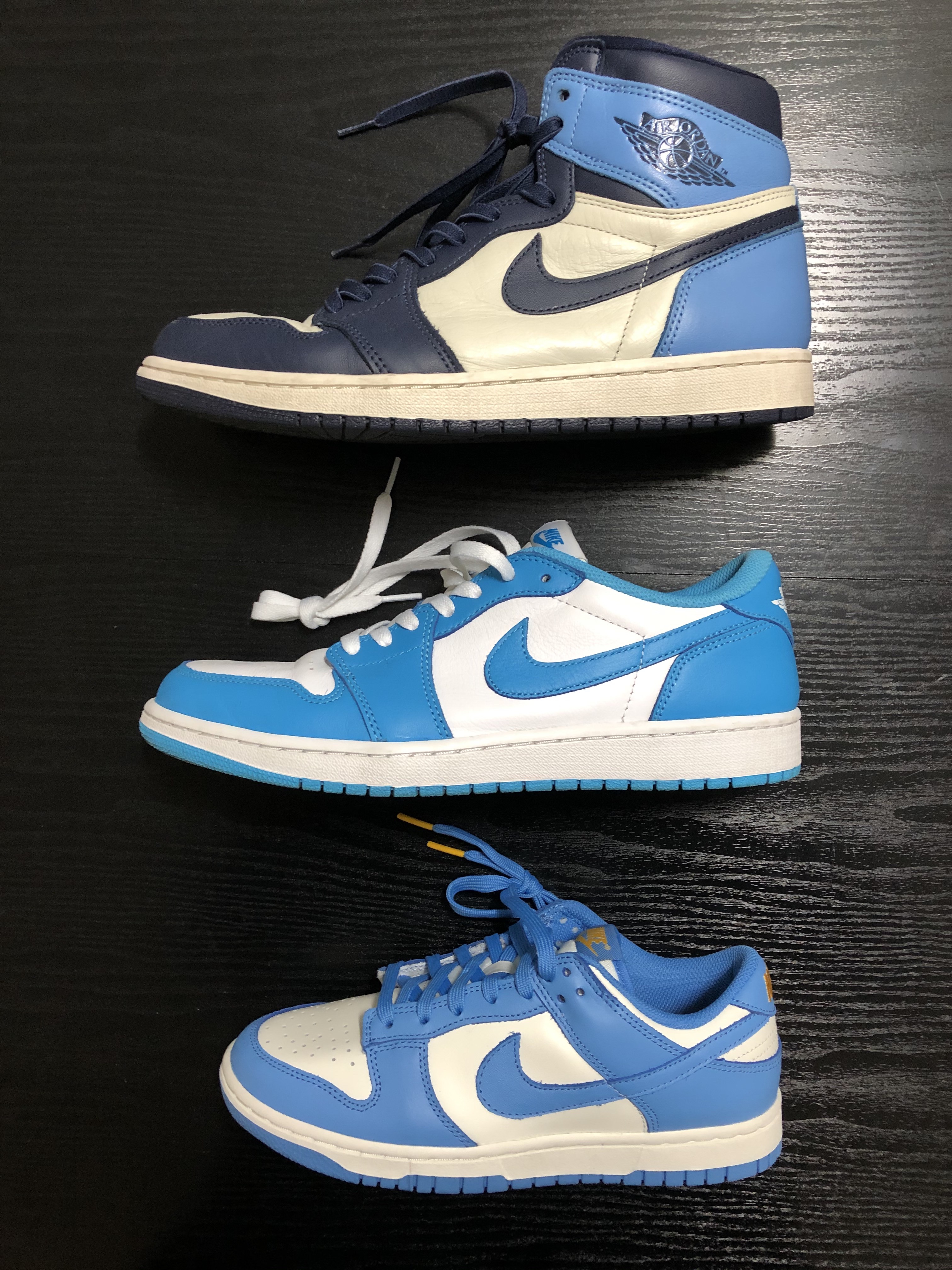 (W) Nike Dunk Low Coast, Jordan 1 Retro High Obsidian UNC 착용 스타일