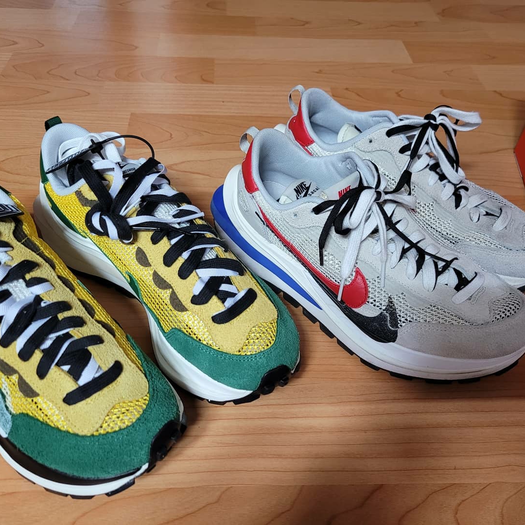 Nike x Sacai VaporWaffle Tour Yellow & Gorge Green Sail, Nike x Sacai VaporWaffle Royal Fuchsia 착용 스타일