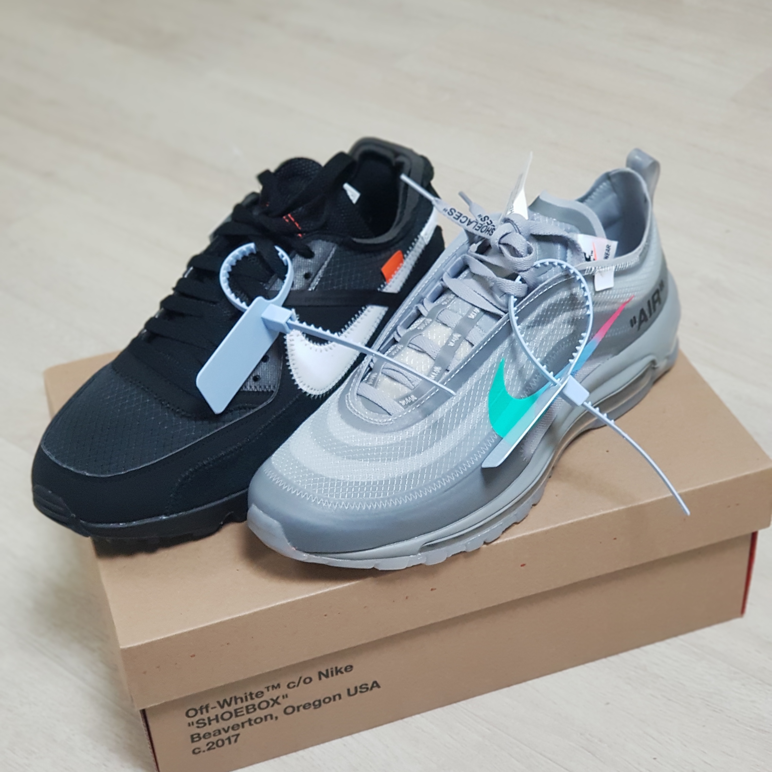 Nike x Off-White Air Max 97 Menta, Nike x Off-White Air Max 90 V2 Black White 착용 스타일