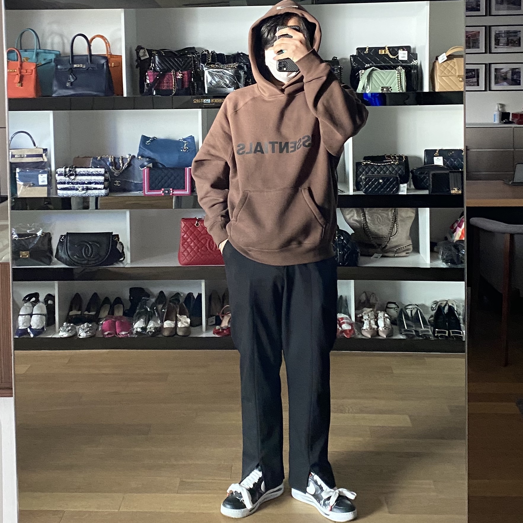 Nike x Peaceminusone Air Force 1 Low Para-Noise, Essentials Logo Hoodie Brown/Rain Drum - Ssense Exclusive 착용 스타일