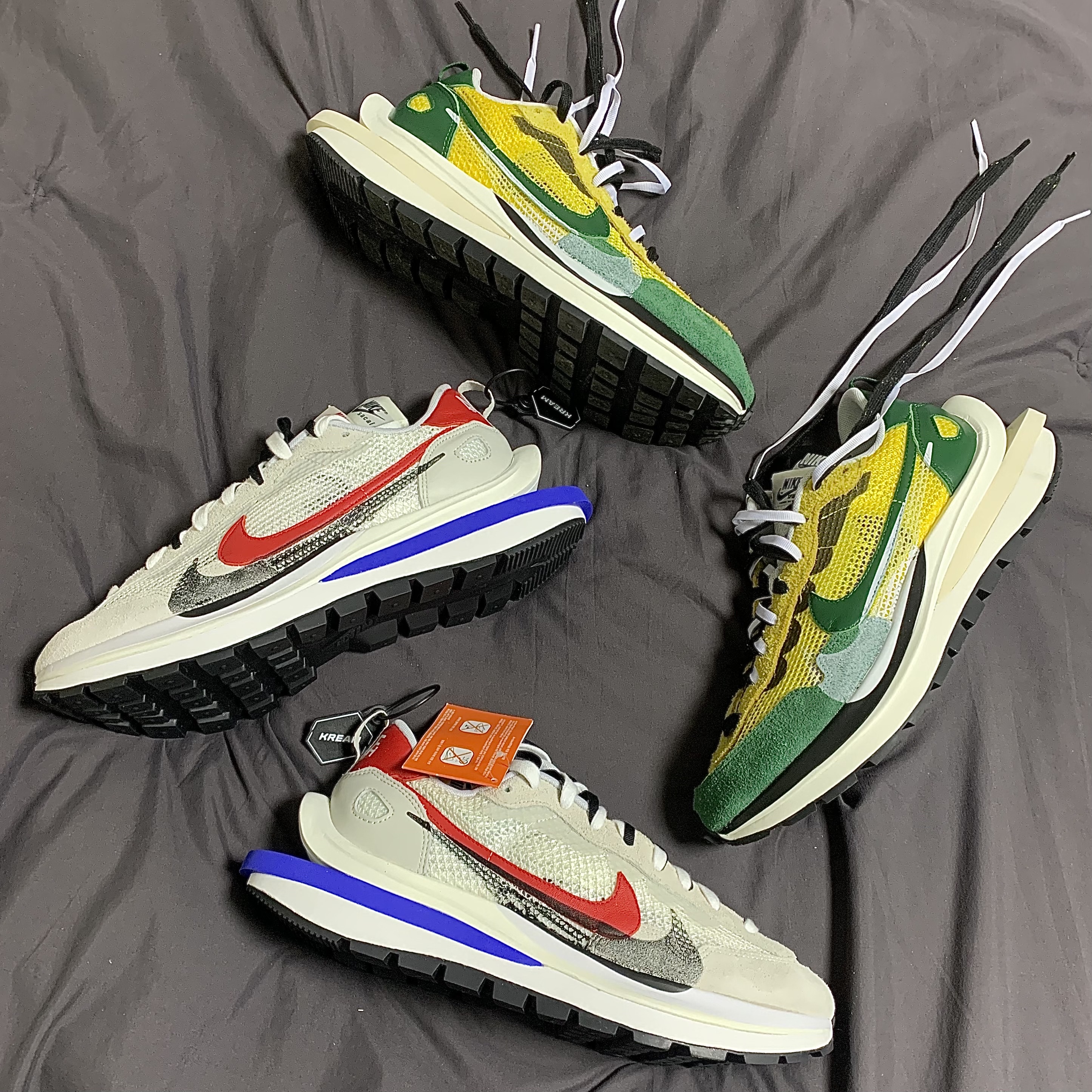 Nike x Sacai VaporWaffle Royal Fuchsia, Nike x Sacai VaporWaffle Tour Yellow & Gorge Green Sail 착용 스타일