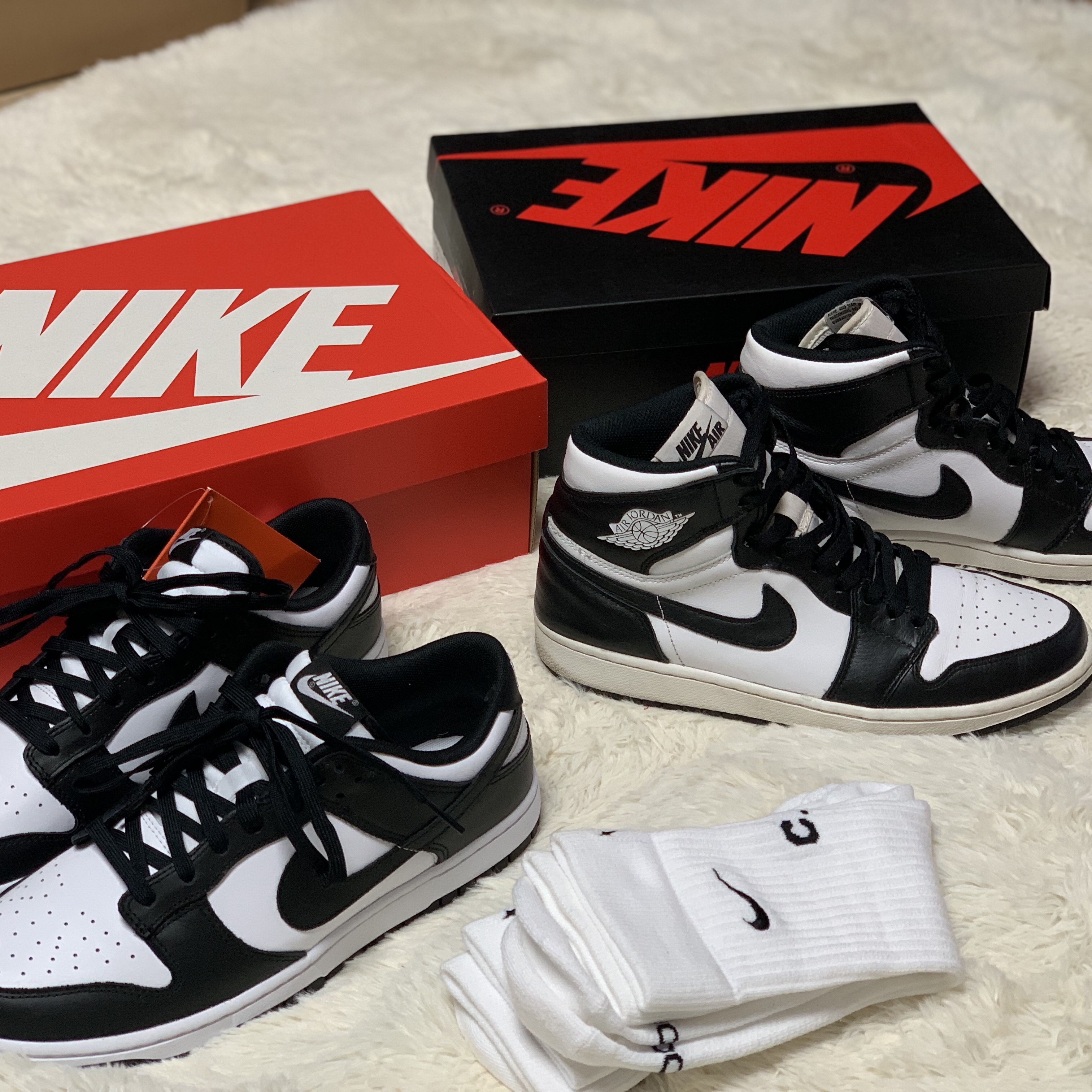 Nike Dunk Low Retro Black, Jordan 1 Retro High OG Black White 2014 착용 스타일