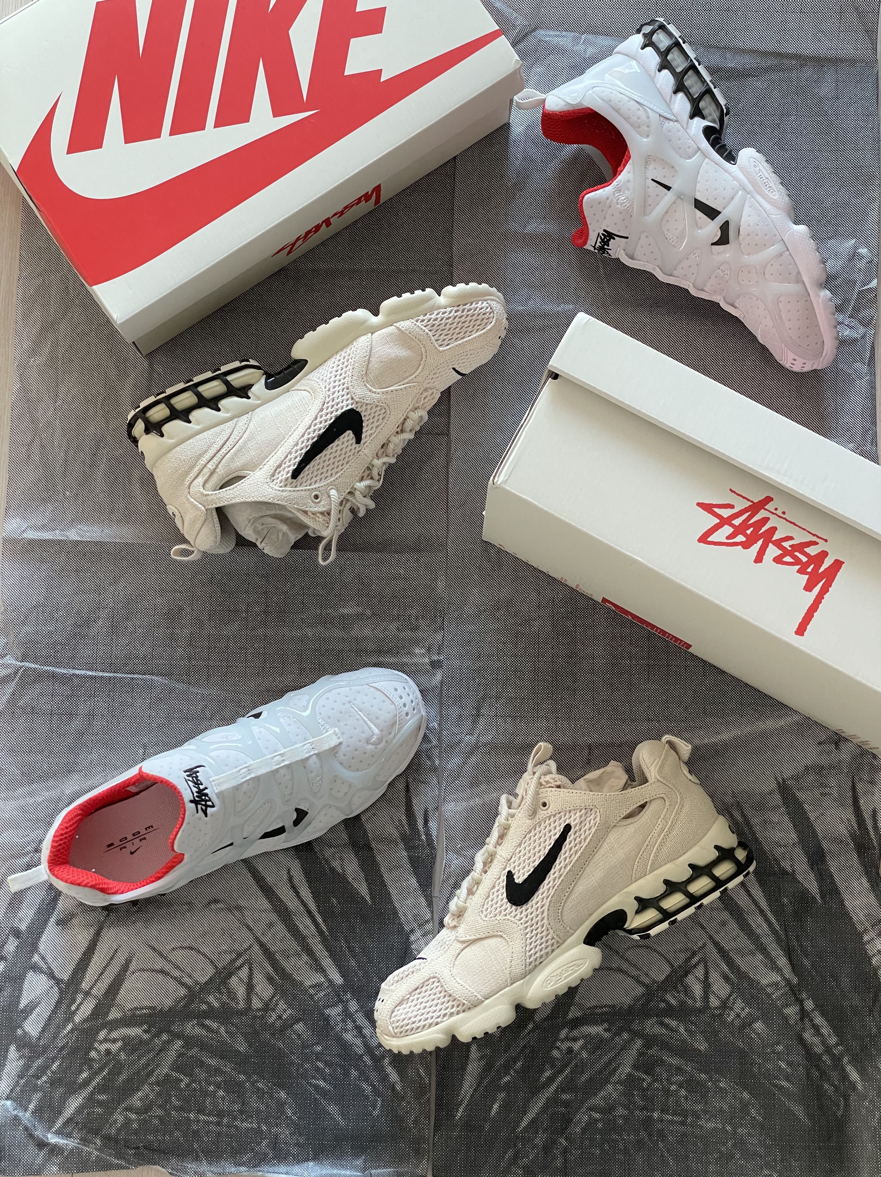 Nike x Stussy Air Zoom Spiridon Kukini White, Nike x Stussy Air Zoom Spiridon Cage 2 Fossil 착용 스타일