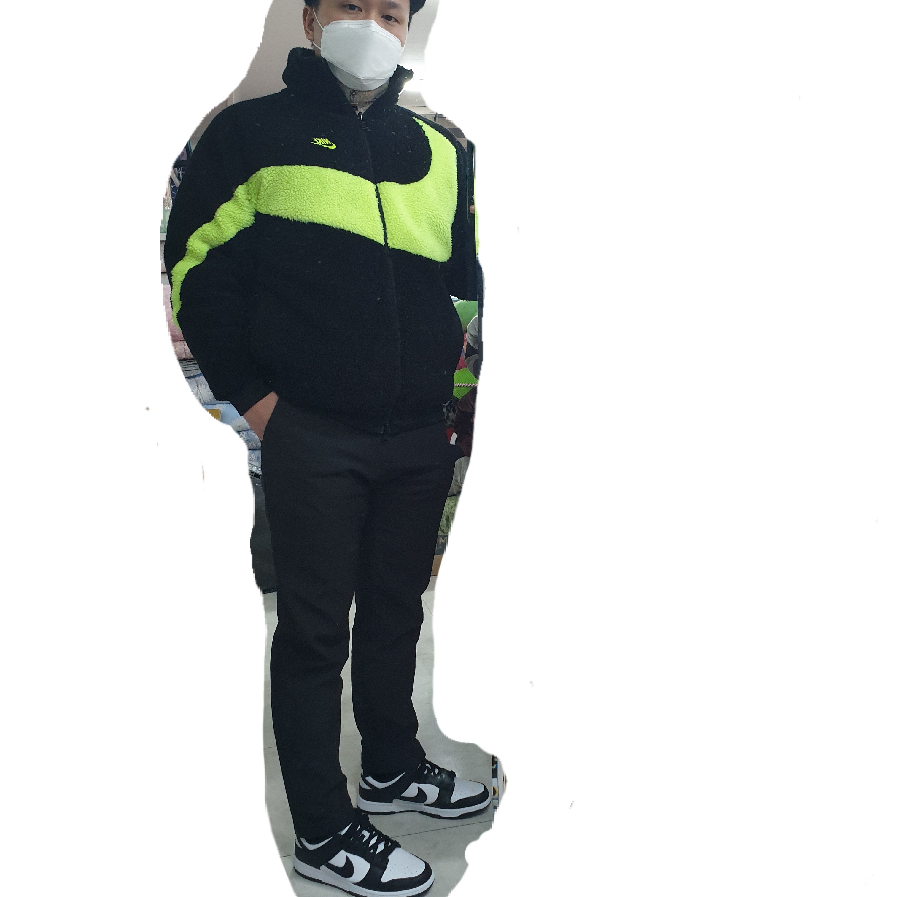Nike Dunk Low Retro Black, Nike Big Swoosh Full Zip Jacket Black Volt 착용 스타일