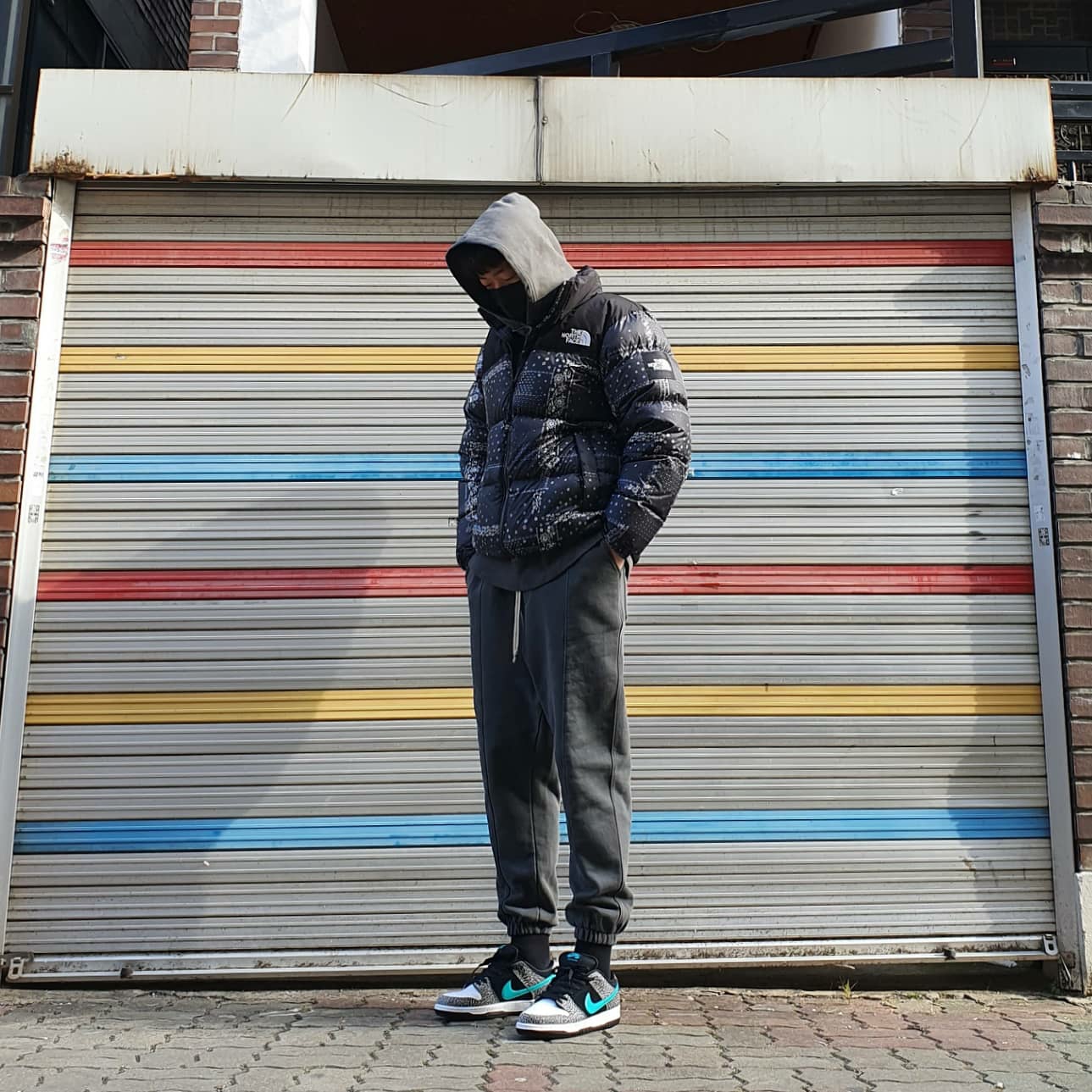 The North Face White Label Bandana Nuptse Black, Nike SB Dunk Low Pro Clear Jade 착용 스타일