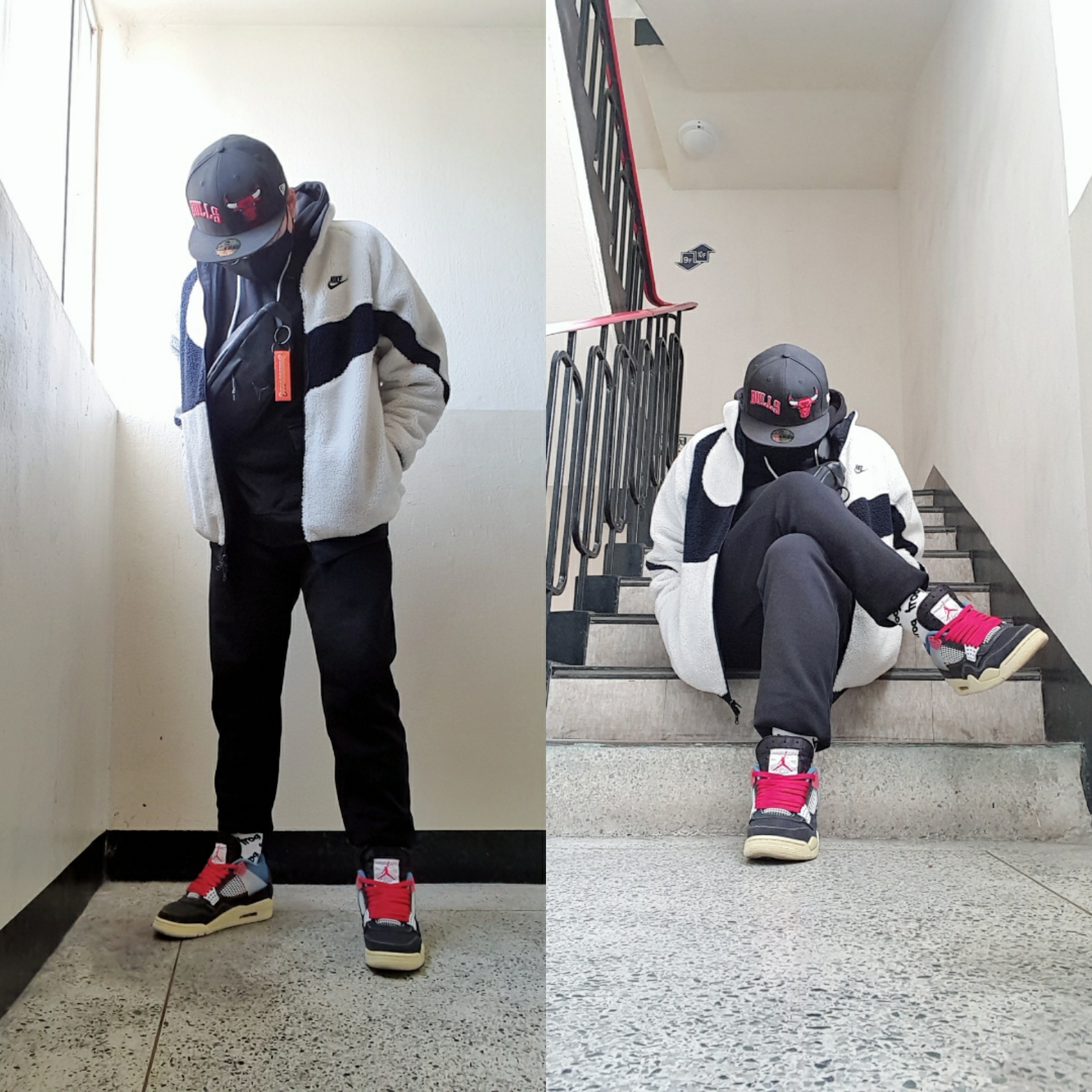Jordan 4 x Union Retro Off Noir, Nike Big Swoosh Full Zip Jacket White Navy 착용 스타일 - 1