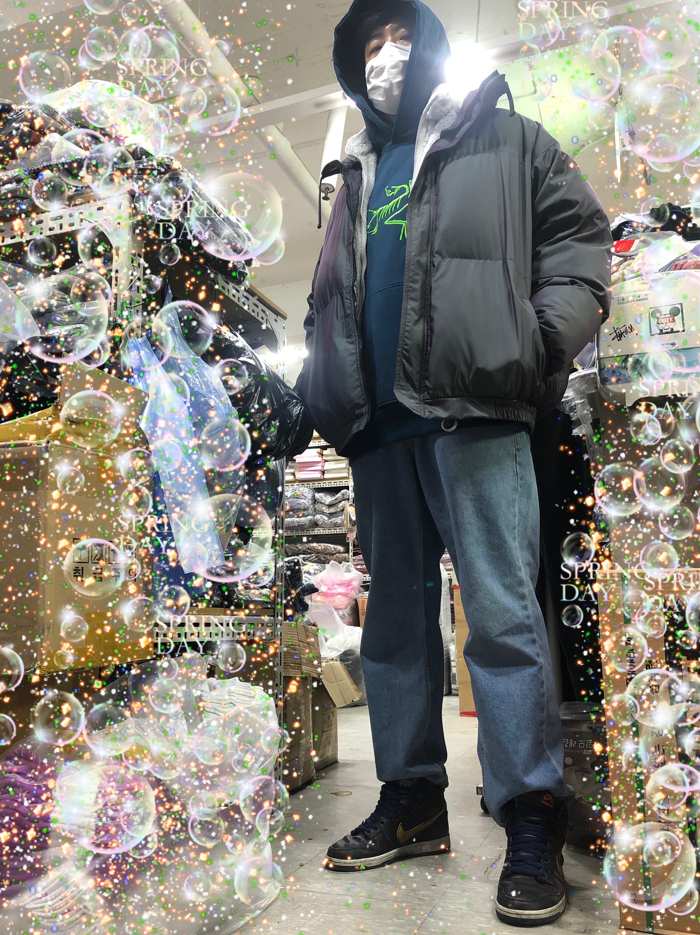 Palace x Arc'teryx Hood Teal - 20FW, Essentials Puffer Jacket Iridescent - 20SS 착용 스타일