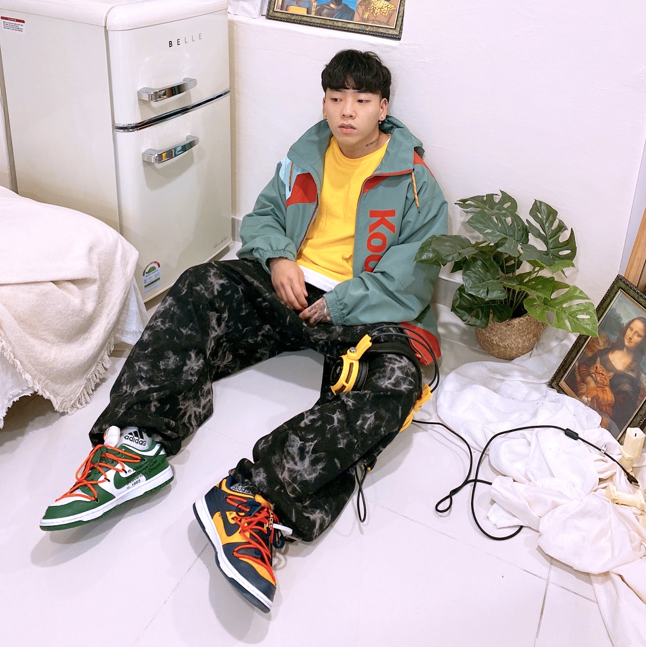 Nike x Off-White Dunk Low University Gold Midnight Navy, Nike x Off-White Dunk Low Pine Green 착용 스타일