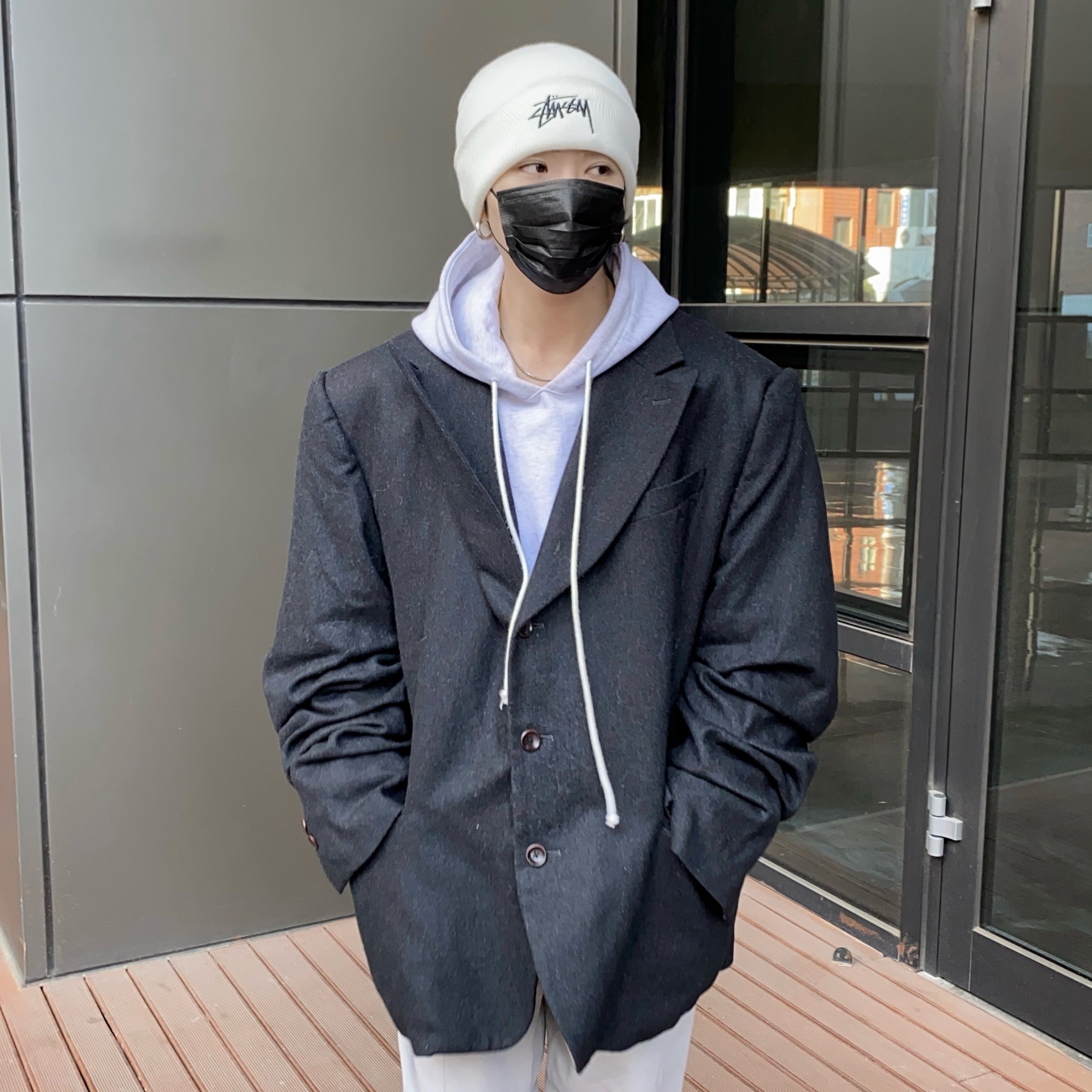 Nike x Stussy Cuff Beanie White, Nike x Ambush Dunk High Black 착용 스타일 - 3