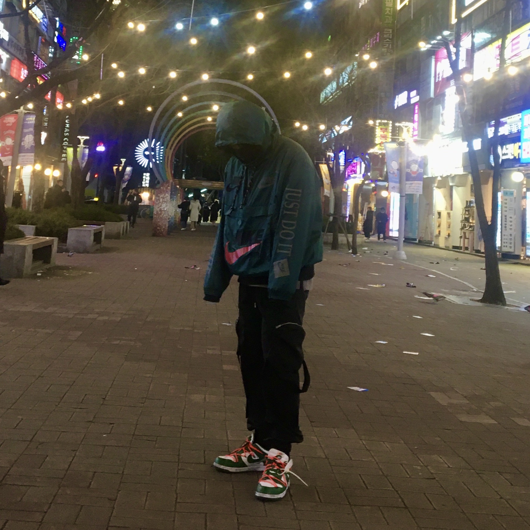 Nike x Cactus Plant Flea Market Anorak Teal, Nike x Off-White Dunk Low Pine Green 착용 스타일