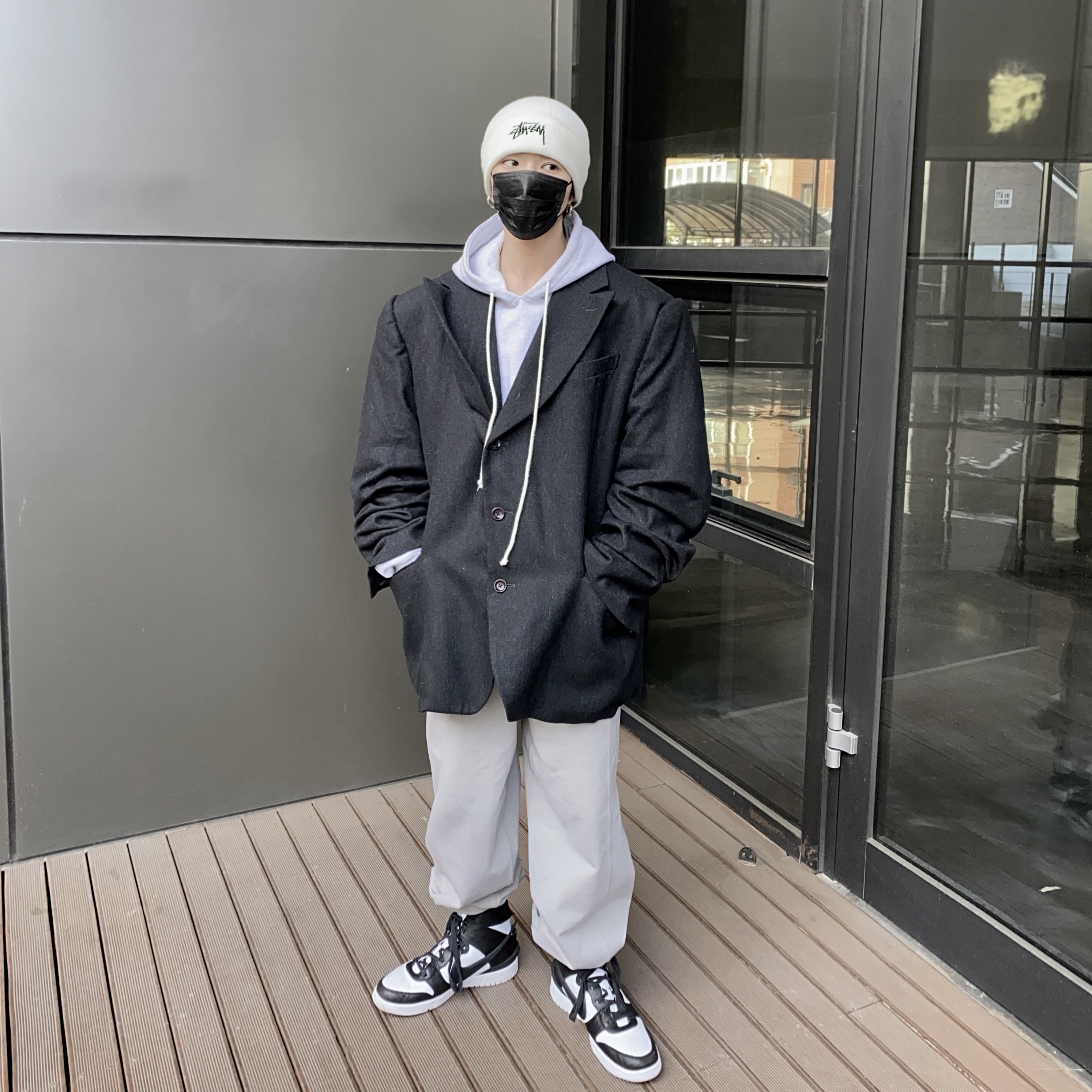 Nike x Stussy Cuff Beanie White, Nike x Ambush Dunk High Black 착용 스타일 - 1