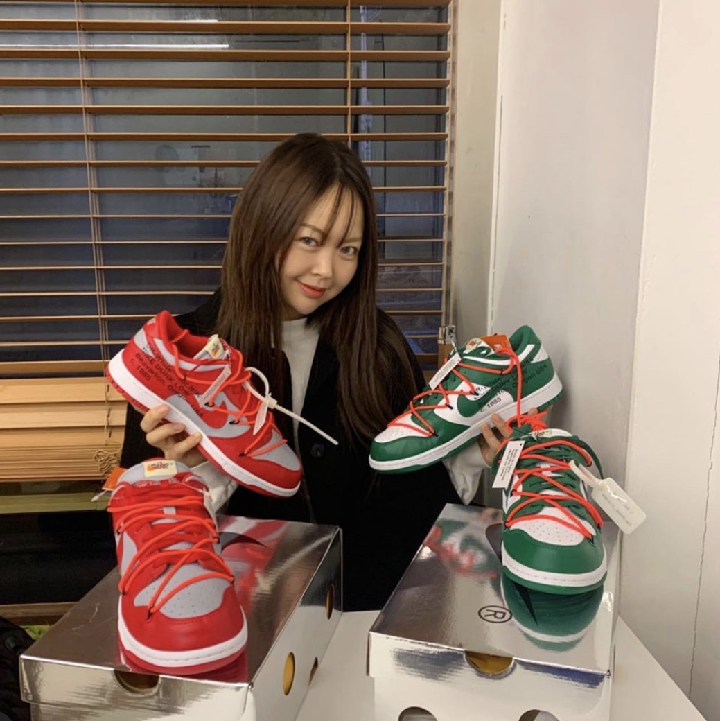 Nike x Off-White Dunk Low Pine Green, Nike x Off-White Dunk Low University Red 착용 스타일