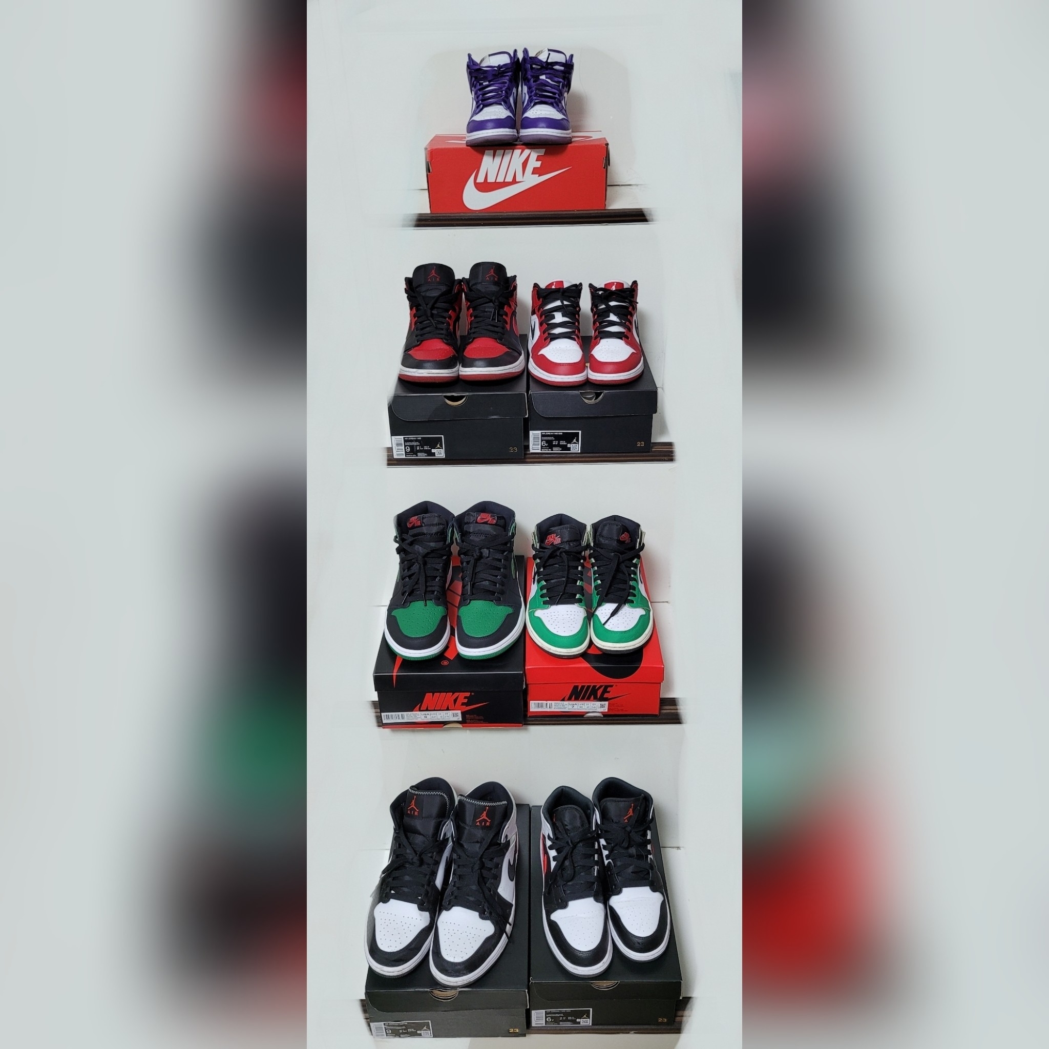 (W) Jordan 1 Retro High OG Lucky Green, Jordan 1 Mid SE Track Red 착용 스타일