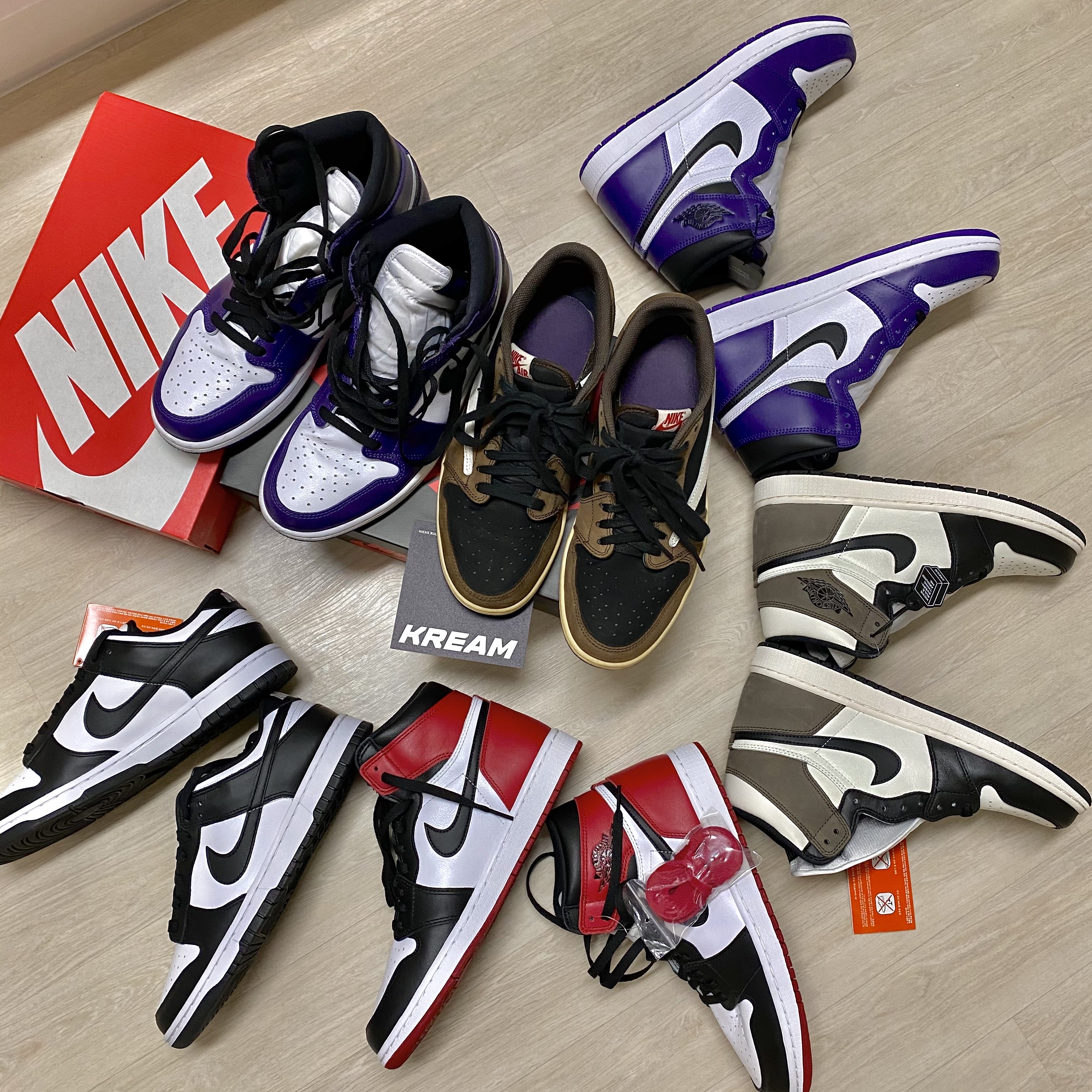 Jordan 1 x Travis Scott Retro Low OG SP Mocha, Jordan 1 Retro High OG Court Purple 2020 착용 스타일