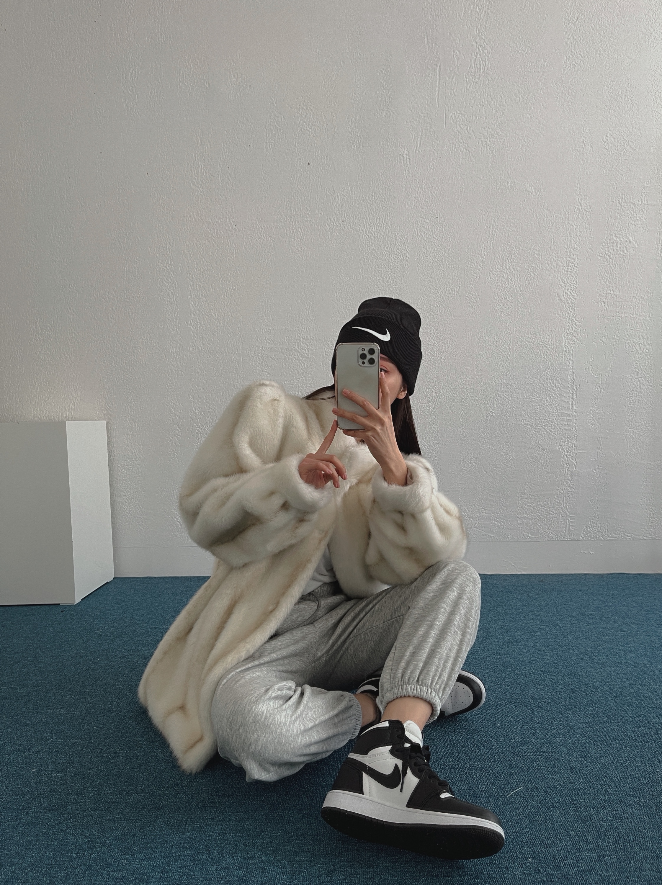 (GS) Jordan 1 Retro High OG Black White 2014, Nike x Stussy Cuff Beanie Black 착용 스타일 - 1