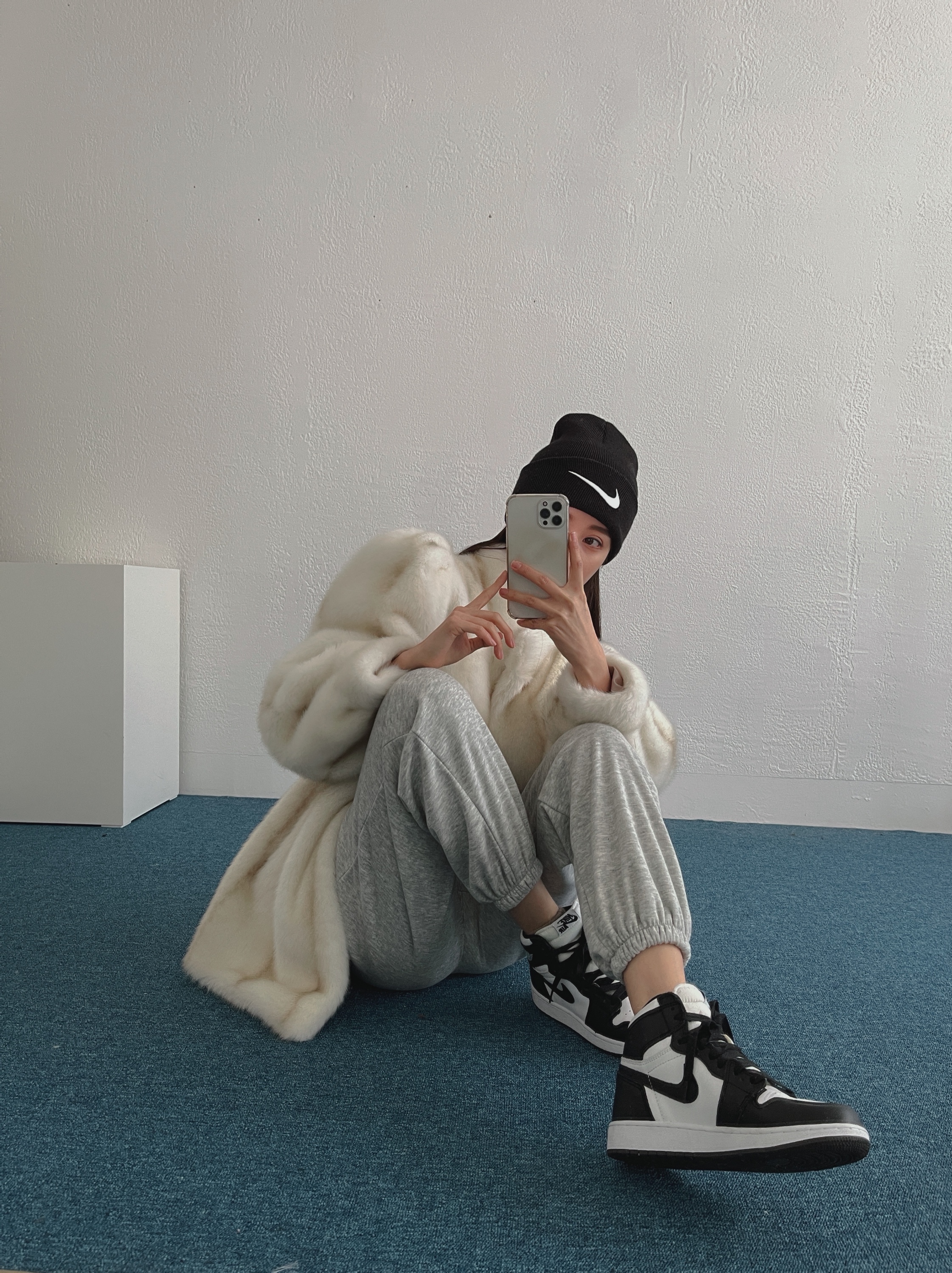 (GS) Jordan 1 Retro High OG Black White 2014, Nike x Stussy Cuff Beanie Black 착용 스타일 - 2