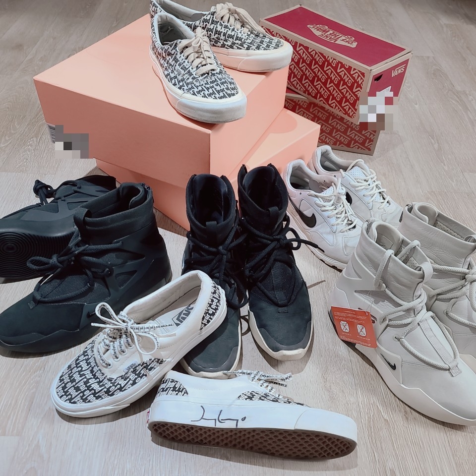 Vans Vault x Fear of God OG Era 95 DX White Black, Nike x Fear of God Air Skylon 2 White 착용 스타일