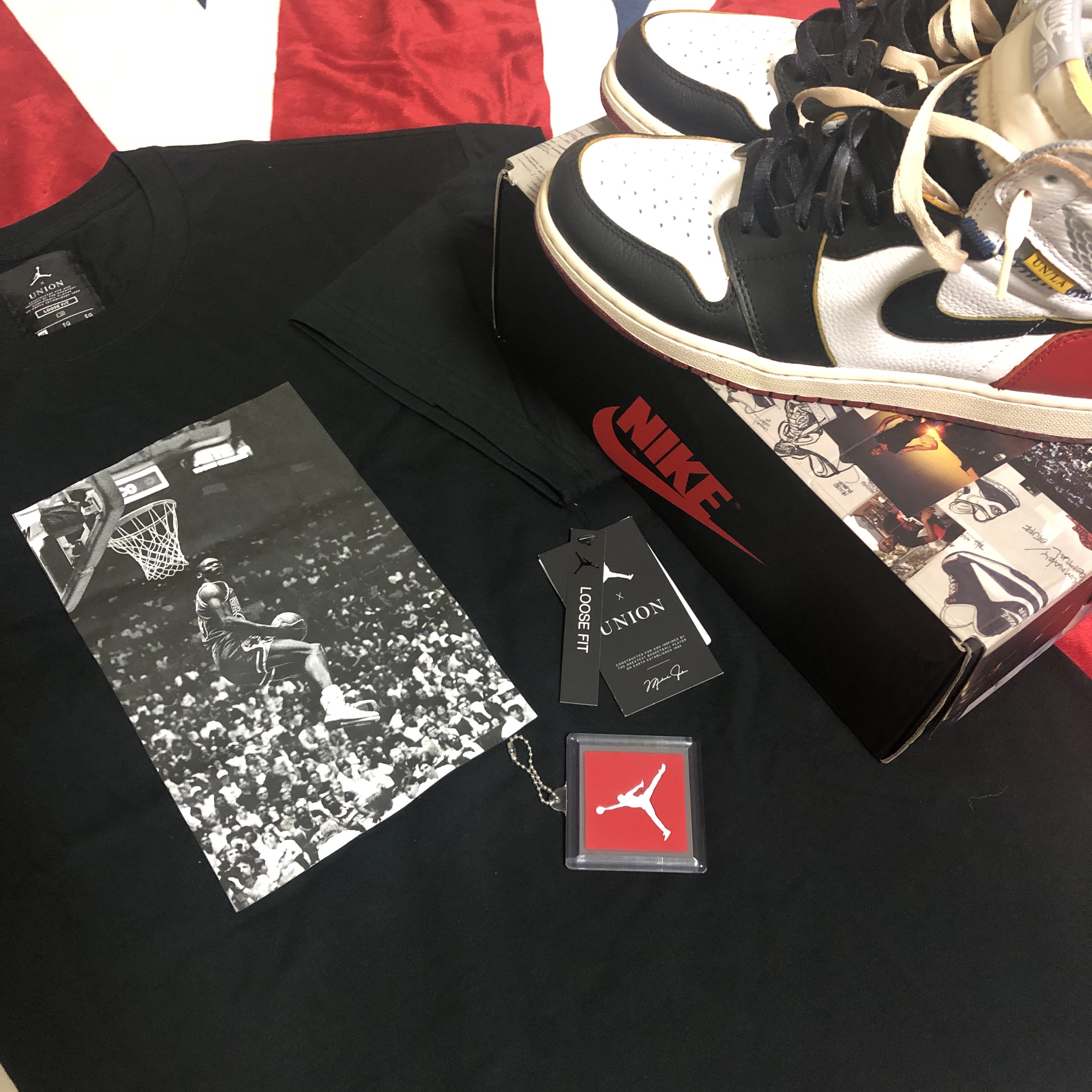 Jordan 1 x Union Retro High Black Toe, Jordan x Union Reverse Dunk T-Shirt Black 착용 스타일