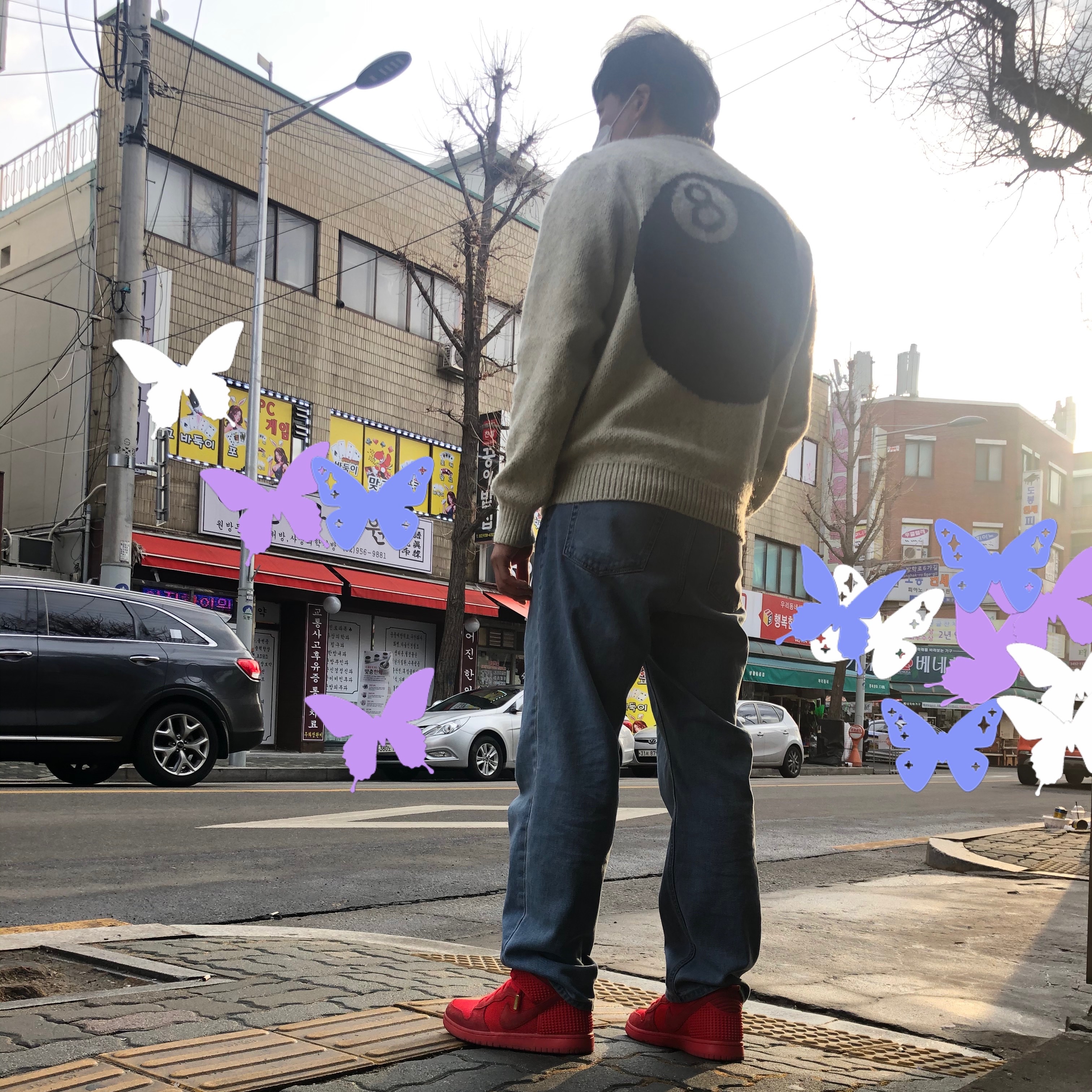 Stussy 8 Ball Heavy Brushed Mohair Sweater Cream, Nike Dunk High CMFT Premium Red October 착용 스타일