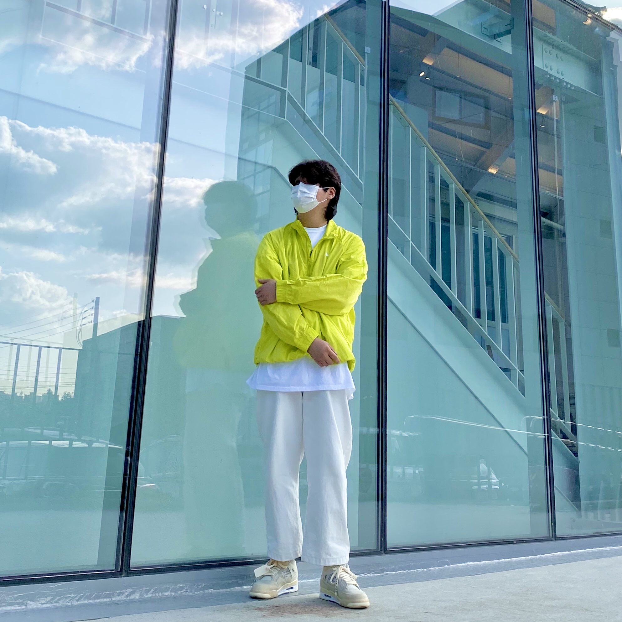 Nike x Stussy Windrunner Jacket Bright Cactus, (W) Jordan 4 x Off-White Retro SP Sail 착용 스타일 - 1