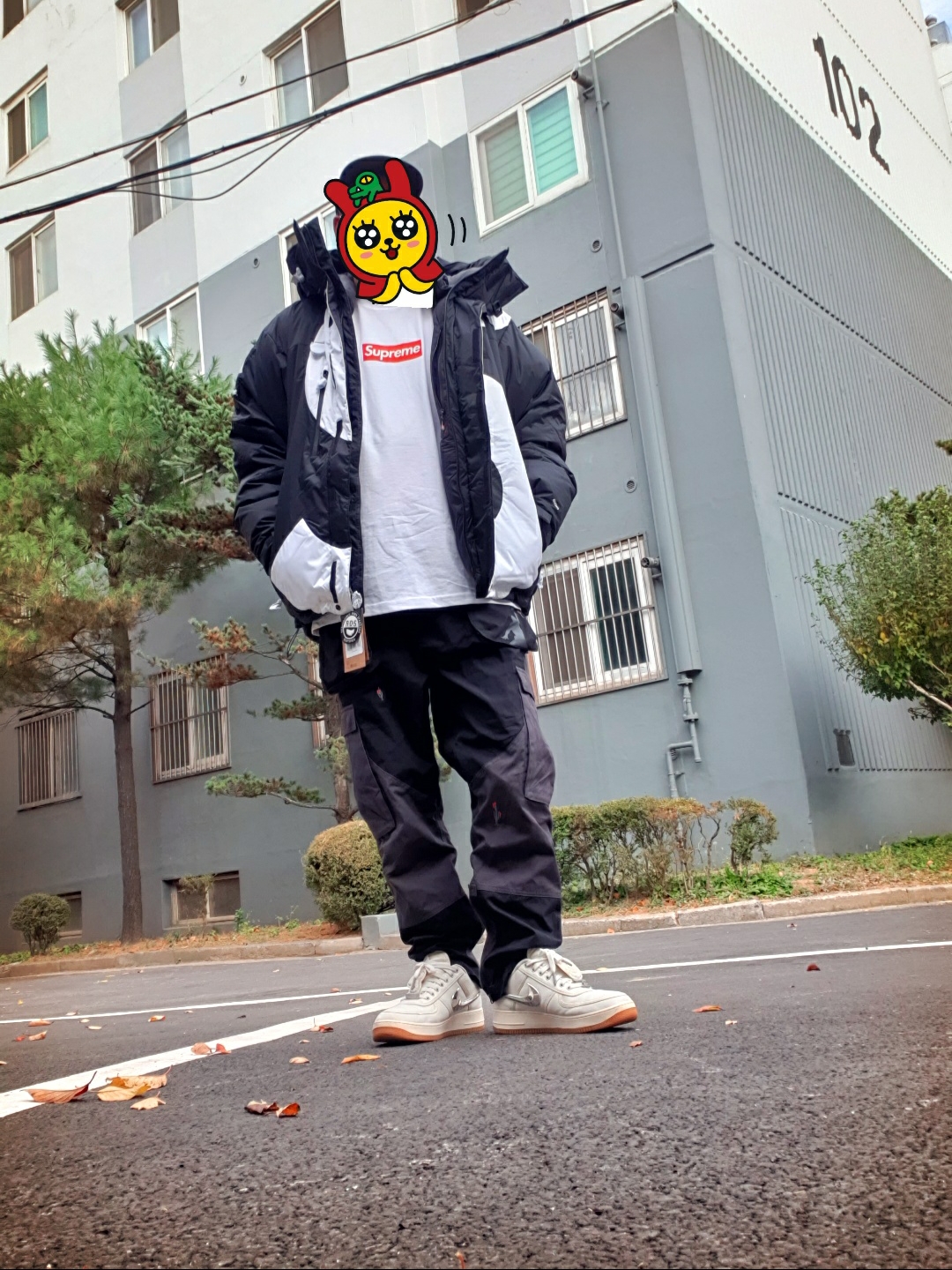 Supreme x The North Face S Logo Summit Series Himalayan Parka Black - 20FW, Supreme Box Logo L/S T-Shirt White - 20FW 착용 스타일