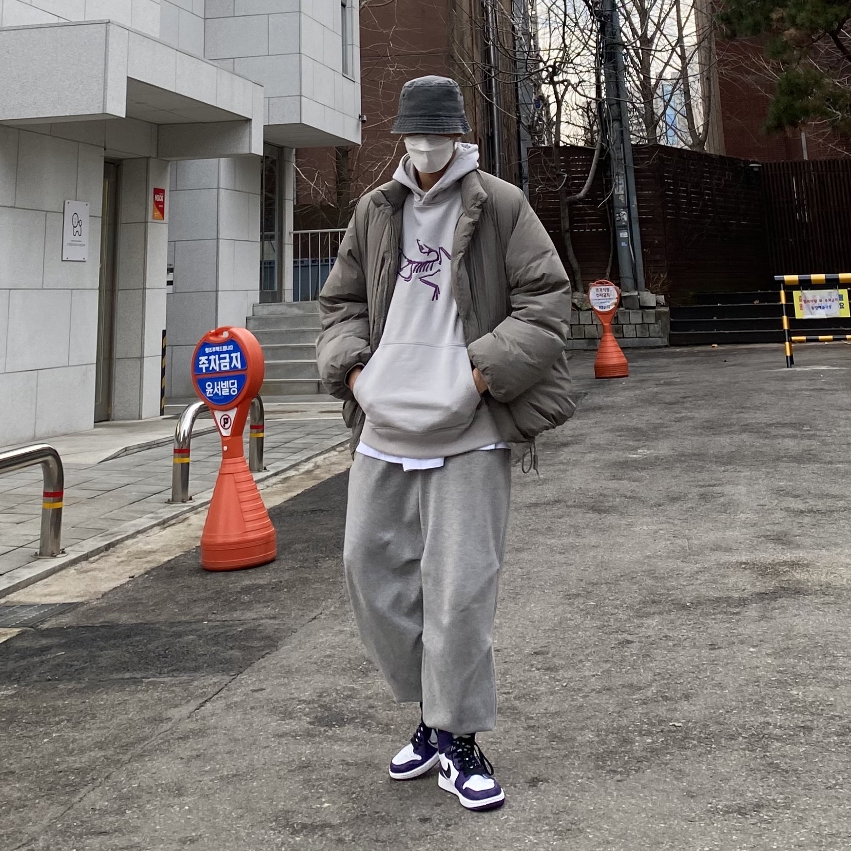 Jordan 1 Retro High OG Court Purple 2020, Palace x Arc'teryx Hood Grey - 20FW 착용 스타일 - 2