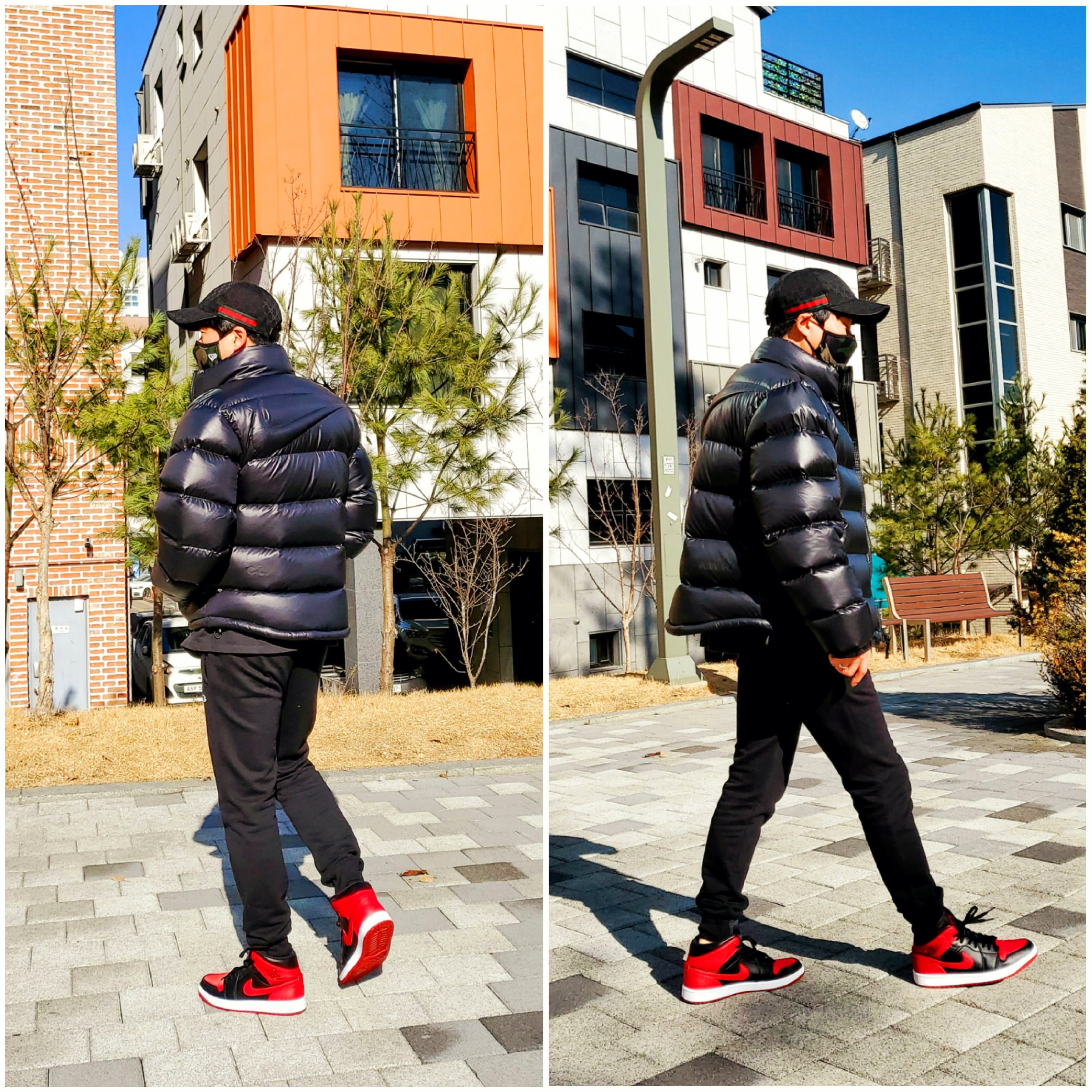 Jordan 1 Mid Bred Banned 2020, Nike x Drake Nocta Puffer Jacket Black - Asia 착용 스타일 - 1