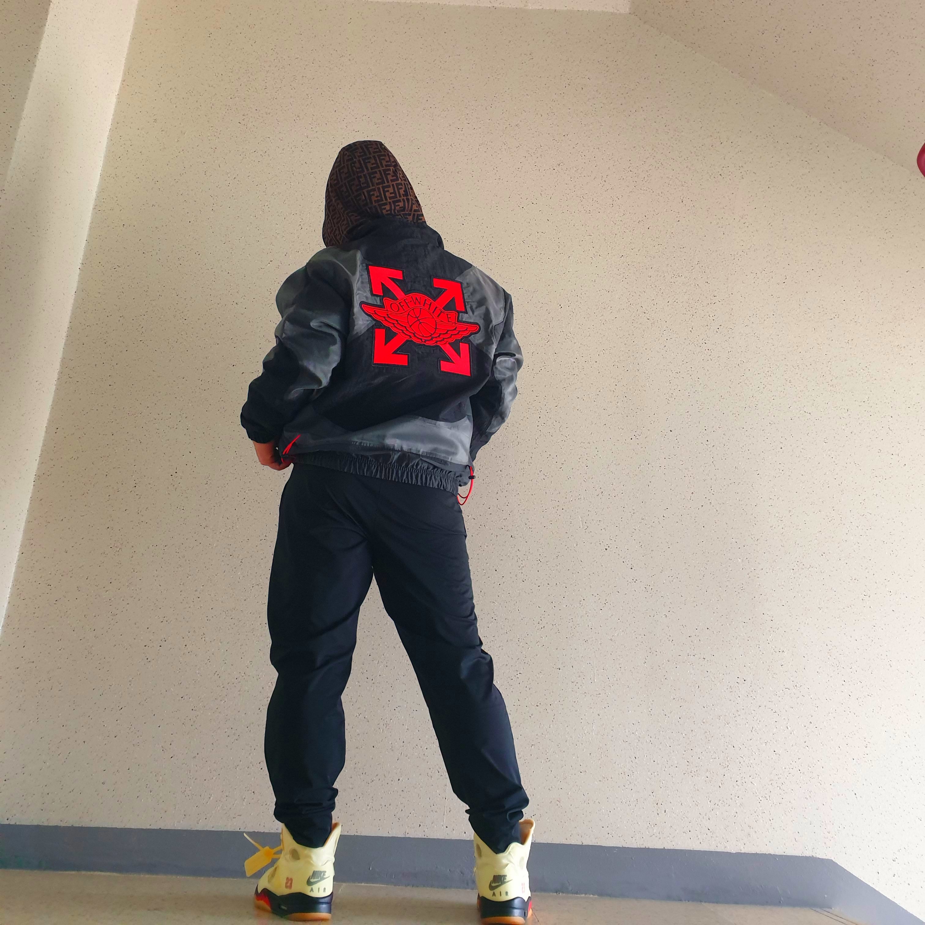 Jordan 5 x Off-White Retro SP Sail Fire Red, Jordan x Off-White Fleece Pullover Hoodie Sail - Asia 착용 스타일