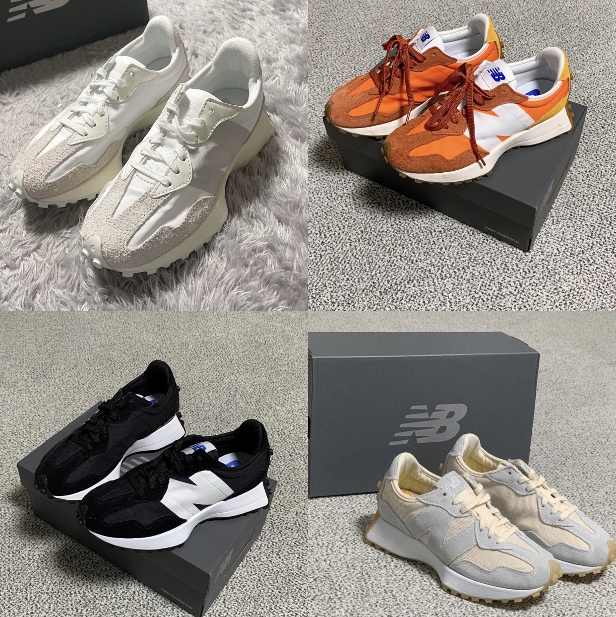 (W) New Balance 327 Undyed White Pale Blue, (PS) New Balance 327 Black 착용 스타일 - 4