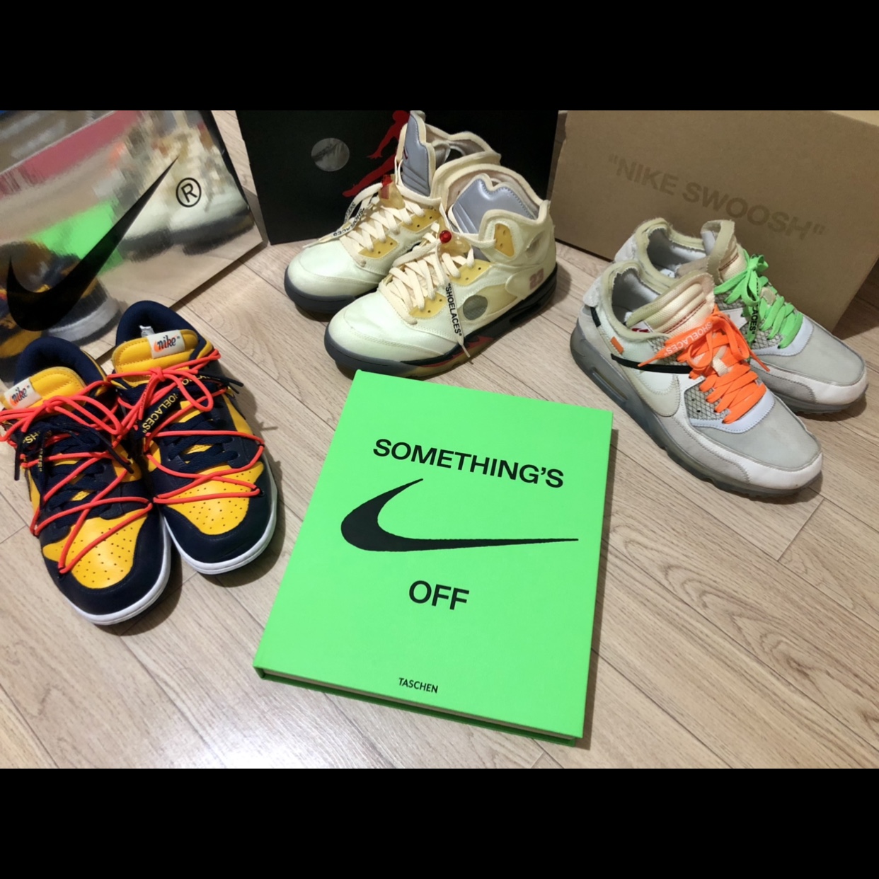 Jordan 5 x Off-White Retro SP Sail Fire Red, Nike x Off-White Air Max 90 The Ten 착용 스타일 - 1