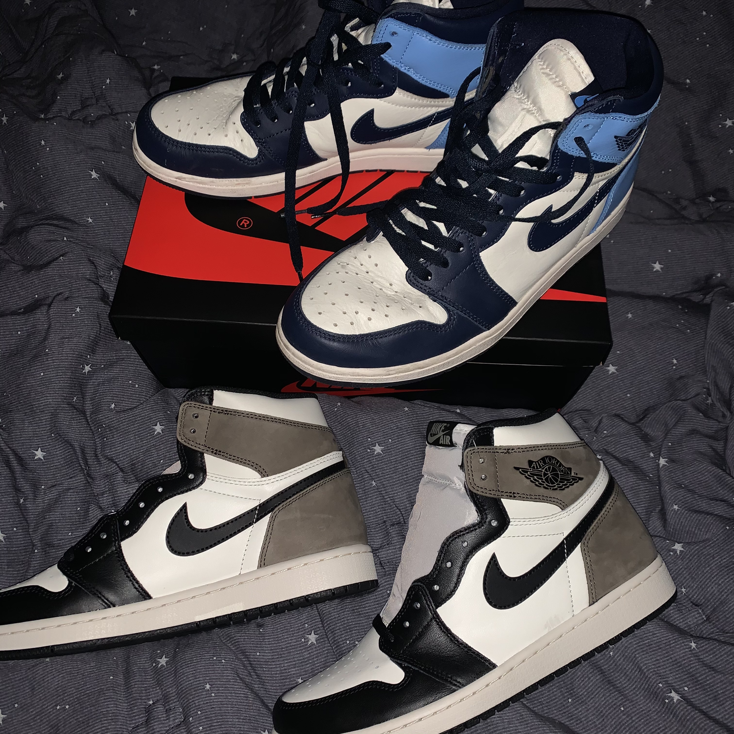 Jordan 1 Retro High OG Black Mocha, Jordan 1 Retro High Obsidian UNC 착용 스타일