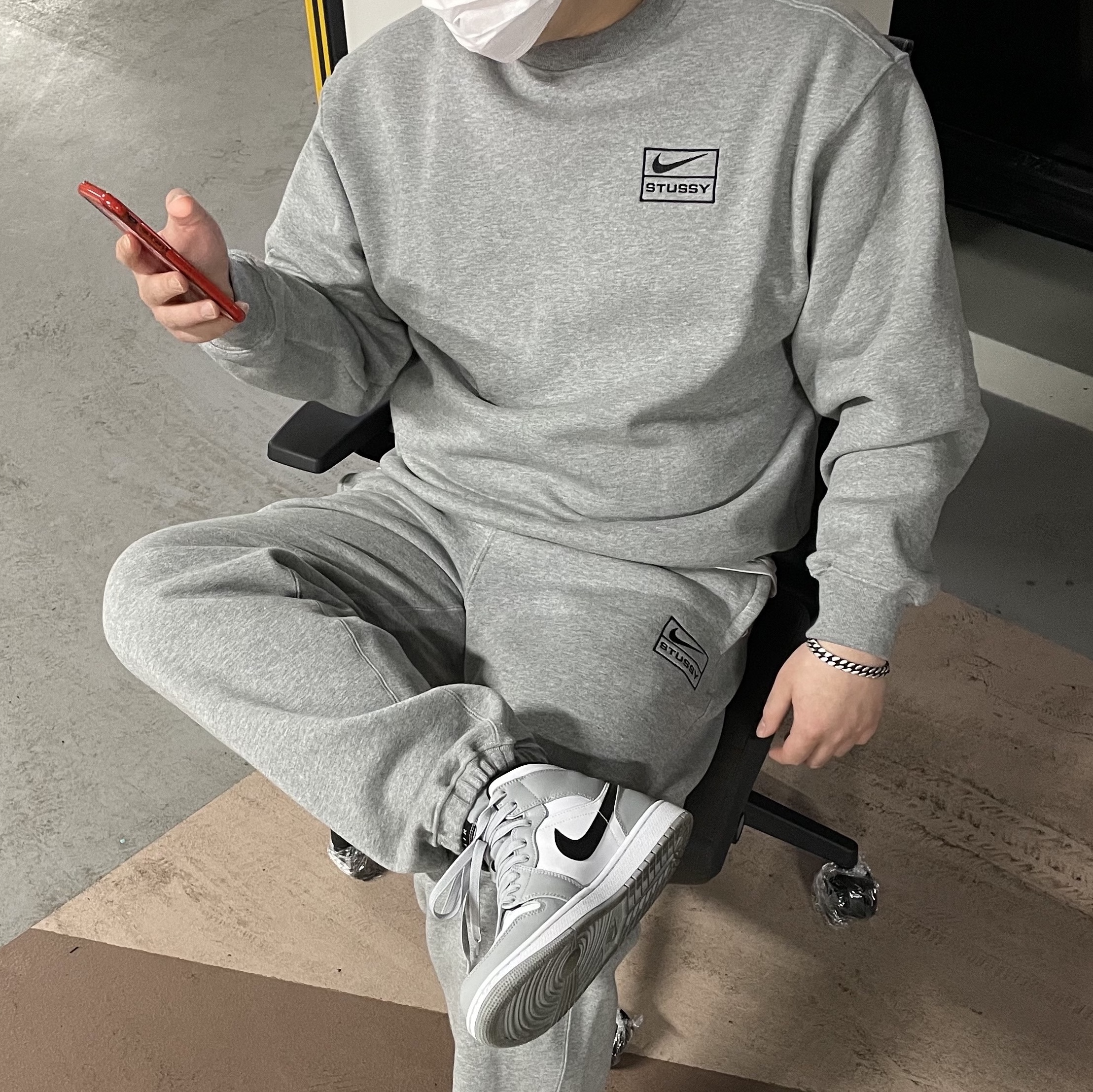 Nike x Stussy NRG BR Fleece Pants Grey, Nike x Stussy NRG BR Crew Fleece Grey 착용 스타일